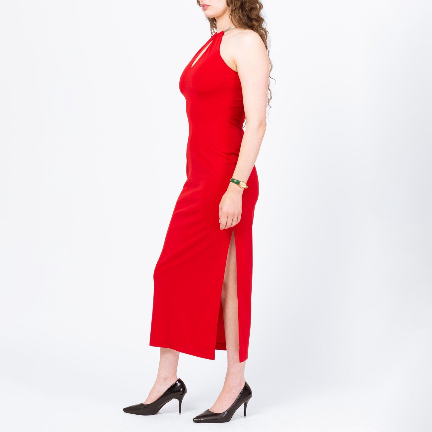 Vintage 90s Red Keyhole Chain Collar Maxi Dress - Small | Racerback Choker Neck Evening Gown, Sexy Formal Party Dress
