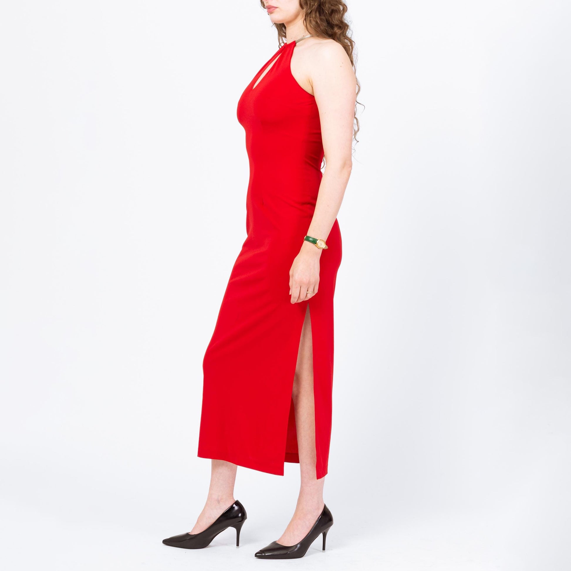 Vintage 90s Red Keyhole Chain Collar Maxi Dress - Small | Racerback Choker Neck Evening Gown, Sexy Formal Party Dress