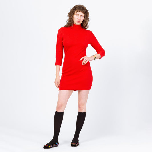 Vintage 80s Gianni Versace Red Wool Mini Dress - Medium | Designer 3/4 Sleeve Winter Christmas Party Dress