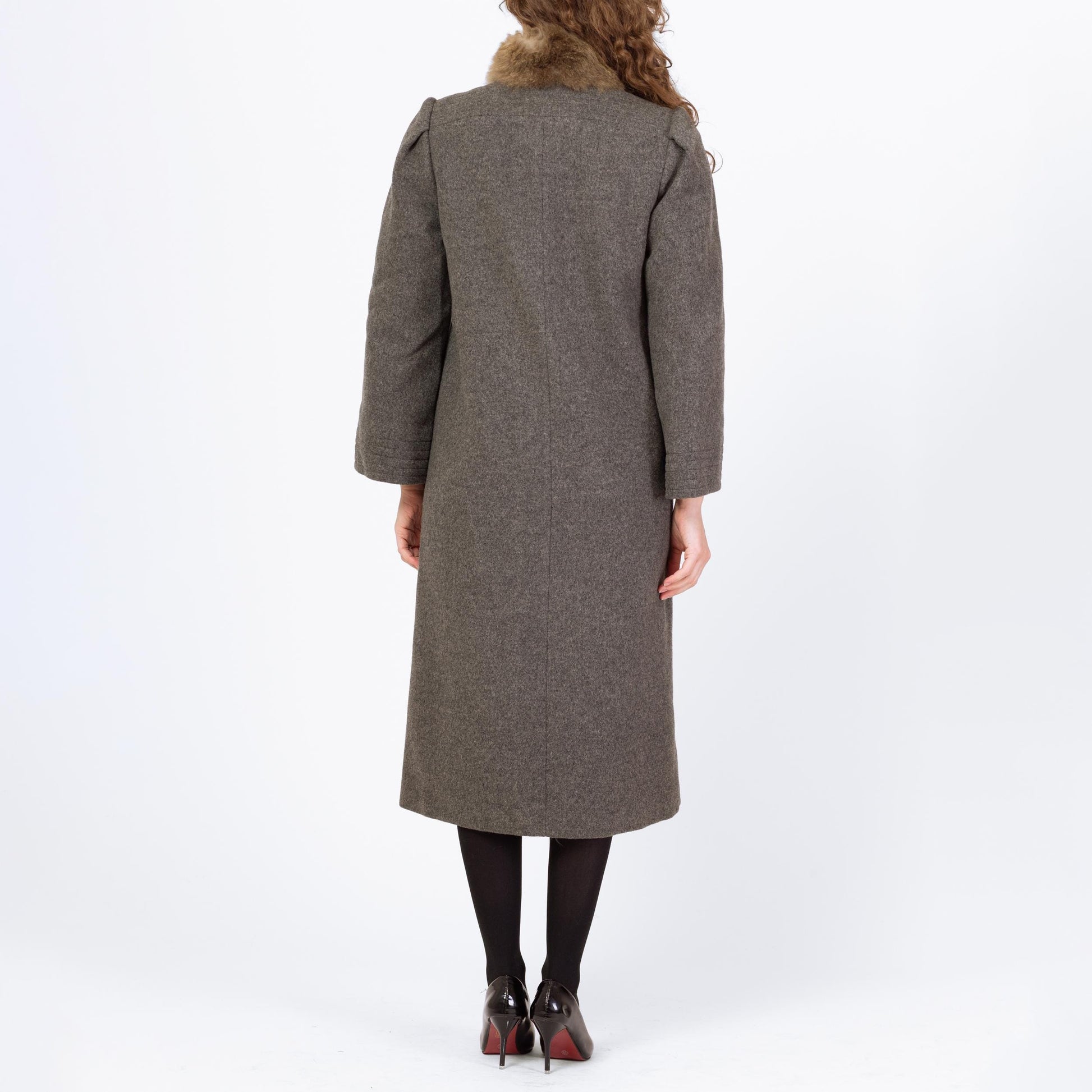 Vintage 70s Grey Wool Fur Trim Coat - Small to Medium | Button Up Long Winter Overcoat