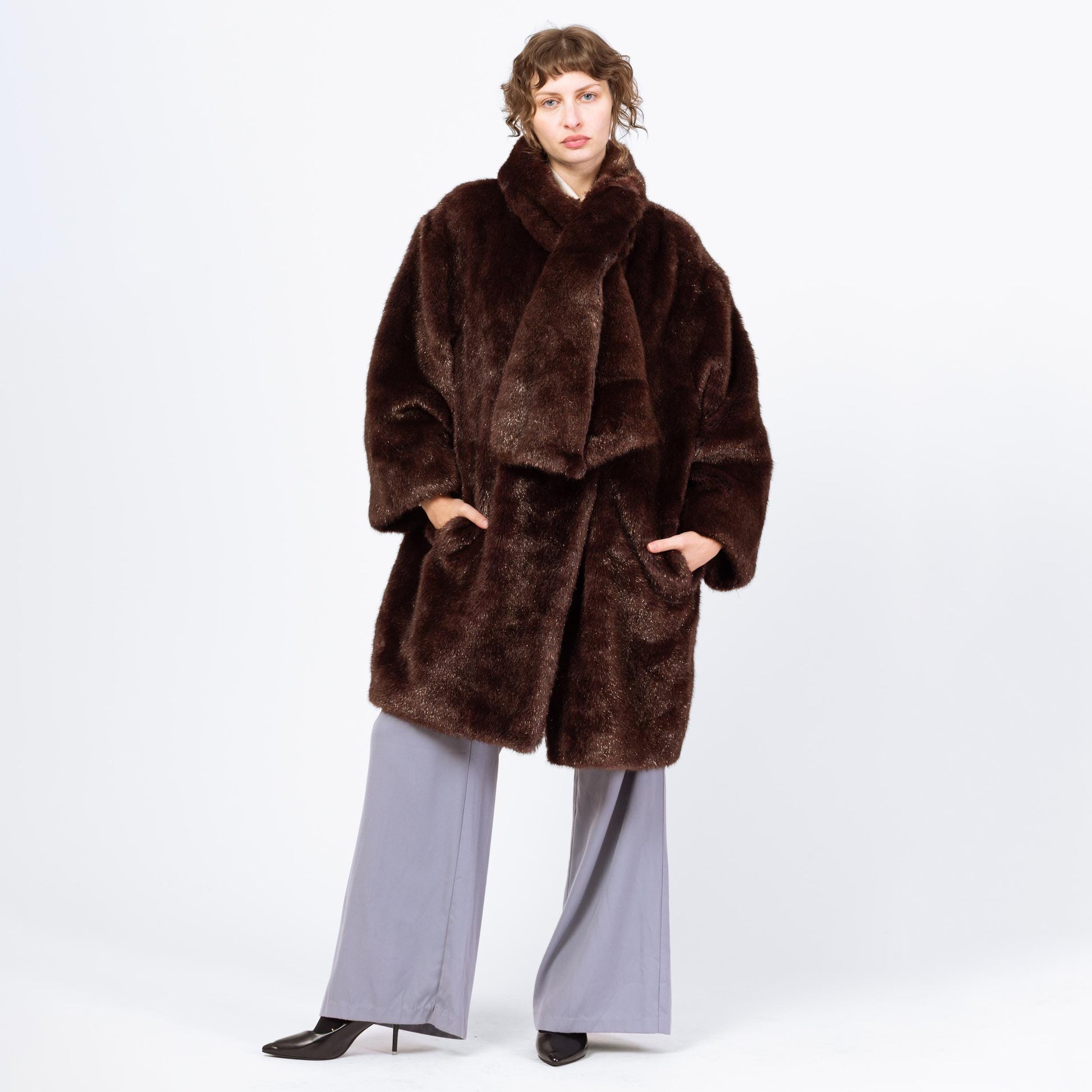 Vintage 80s Guy Laroche Mahogany Faux Fur Scarf Coat - Medium | Dark Brown Designer Glam Winter Jacket