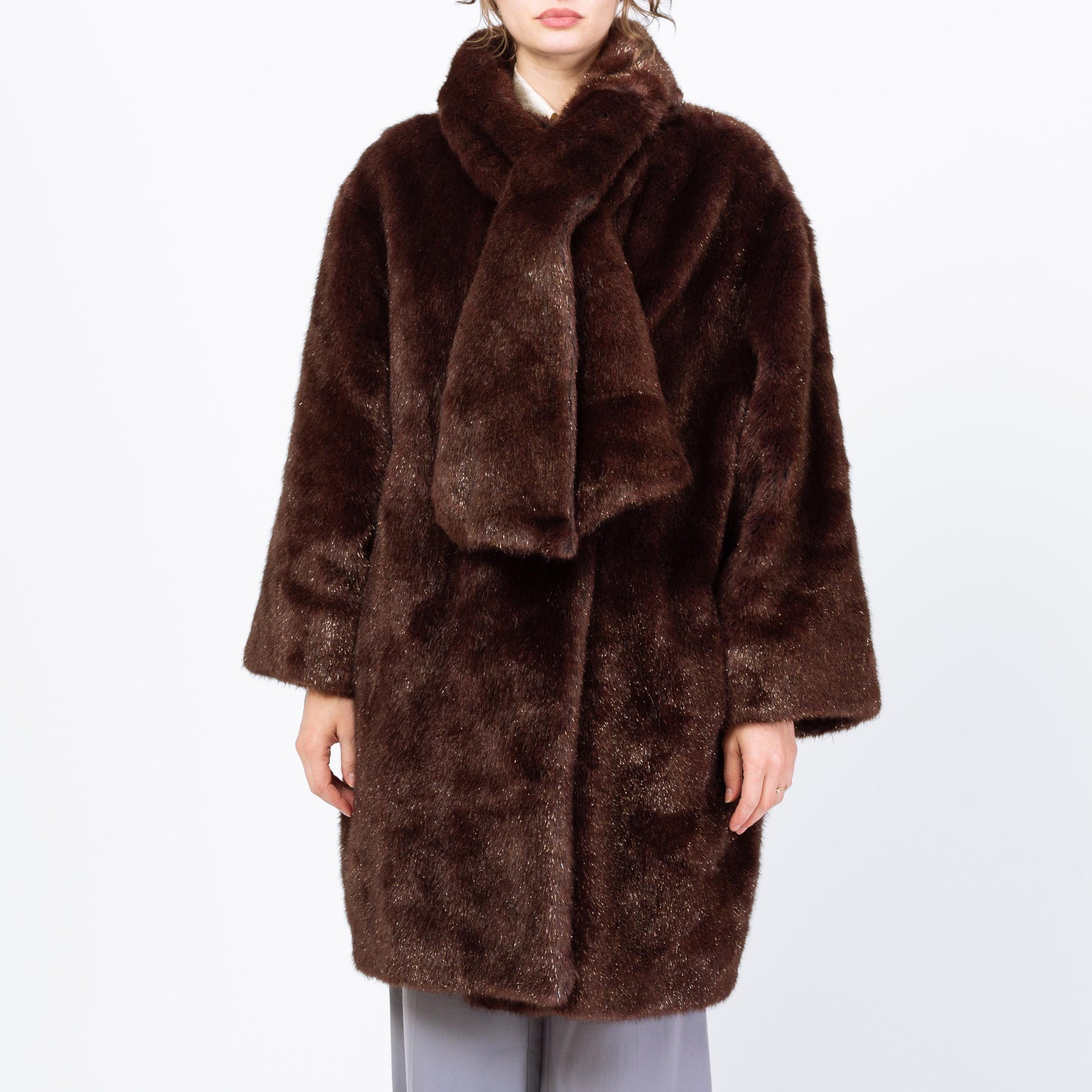 Vintage 80s Guy Laroche Mahogany Faux Fur Scarf Coat - Medium | Dark Brown Designer Glam Winter Jacket