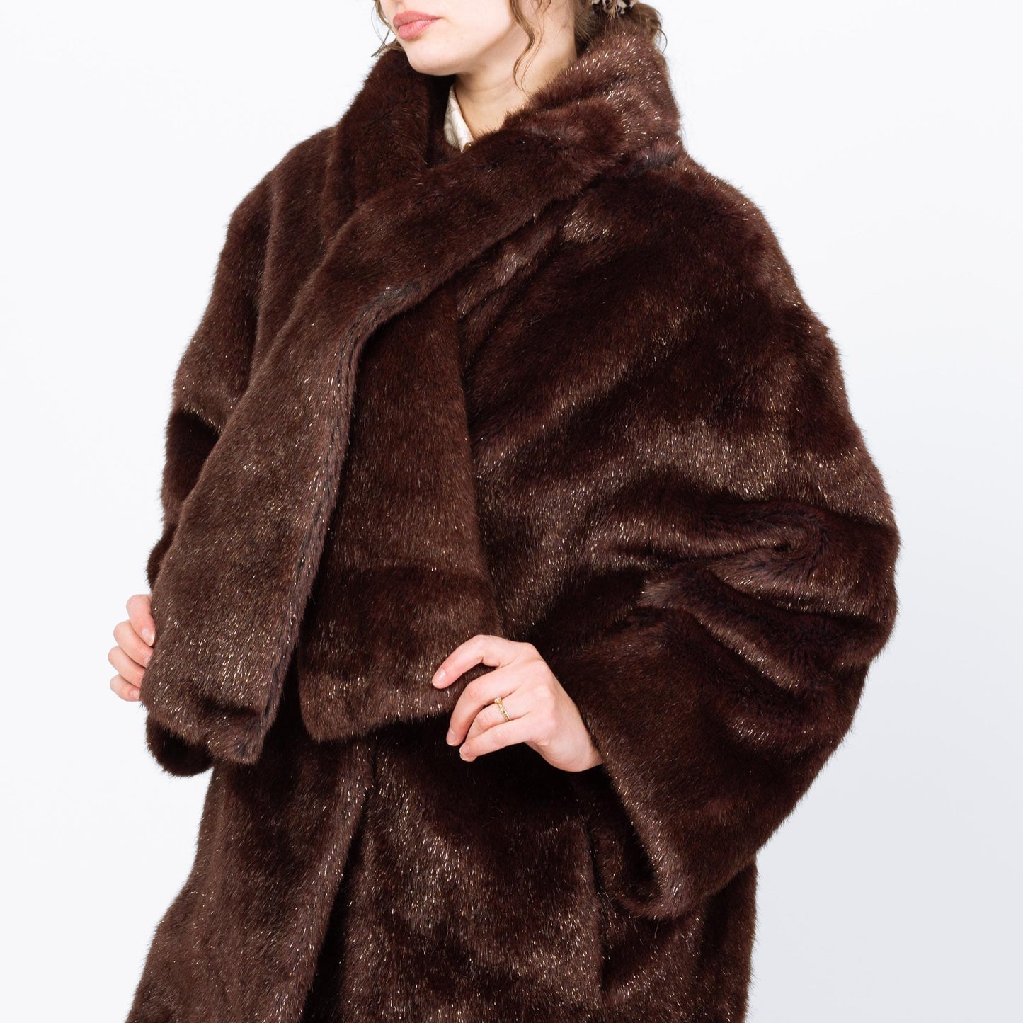 Vintage 80s Guy Laroche Mahogany Faux Fur Scarf Coat - Medium | Dark Brown Designer Glam Winter Jacket