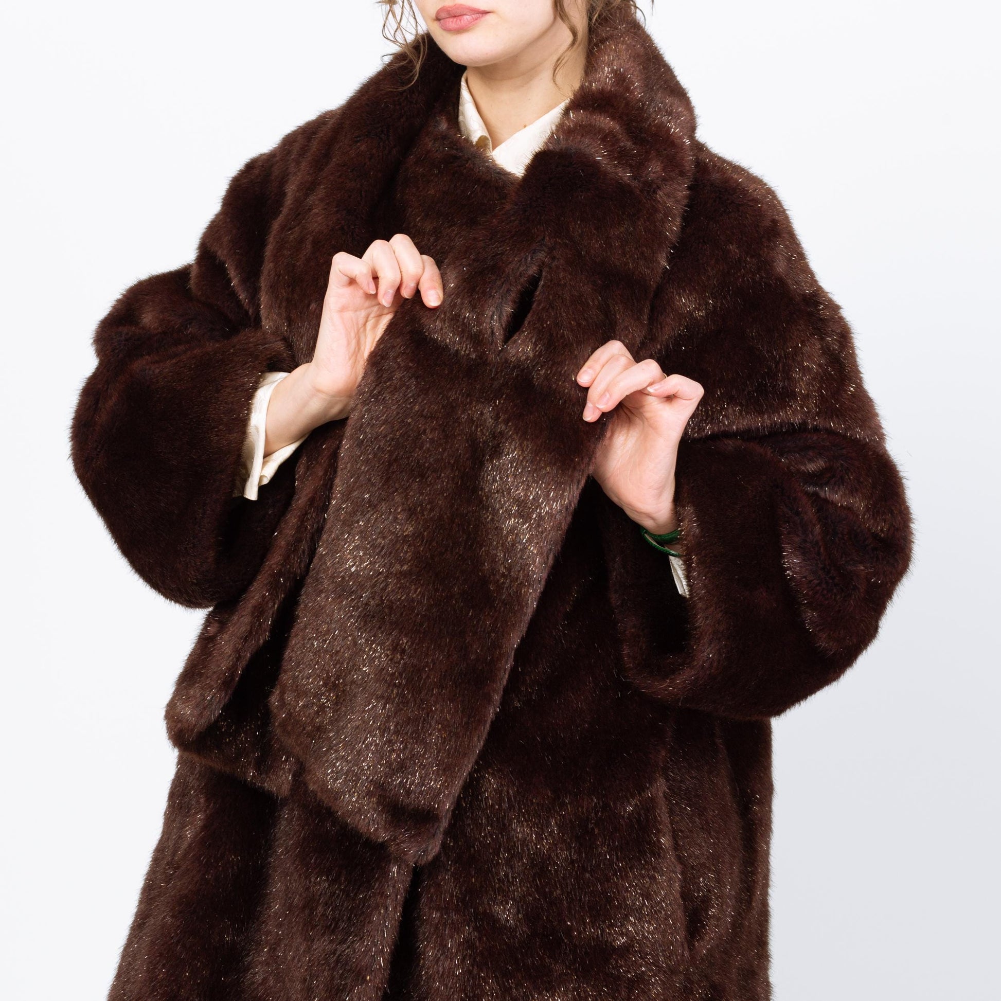 Vintage 80s Guy Laroche Mahogany Faux Fur Scarf Coat - Medium | Dark Brown Designer Glam Winter Jacket