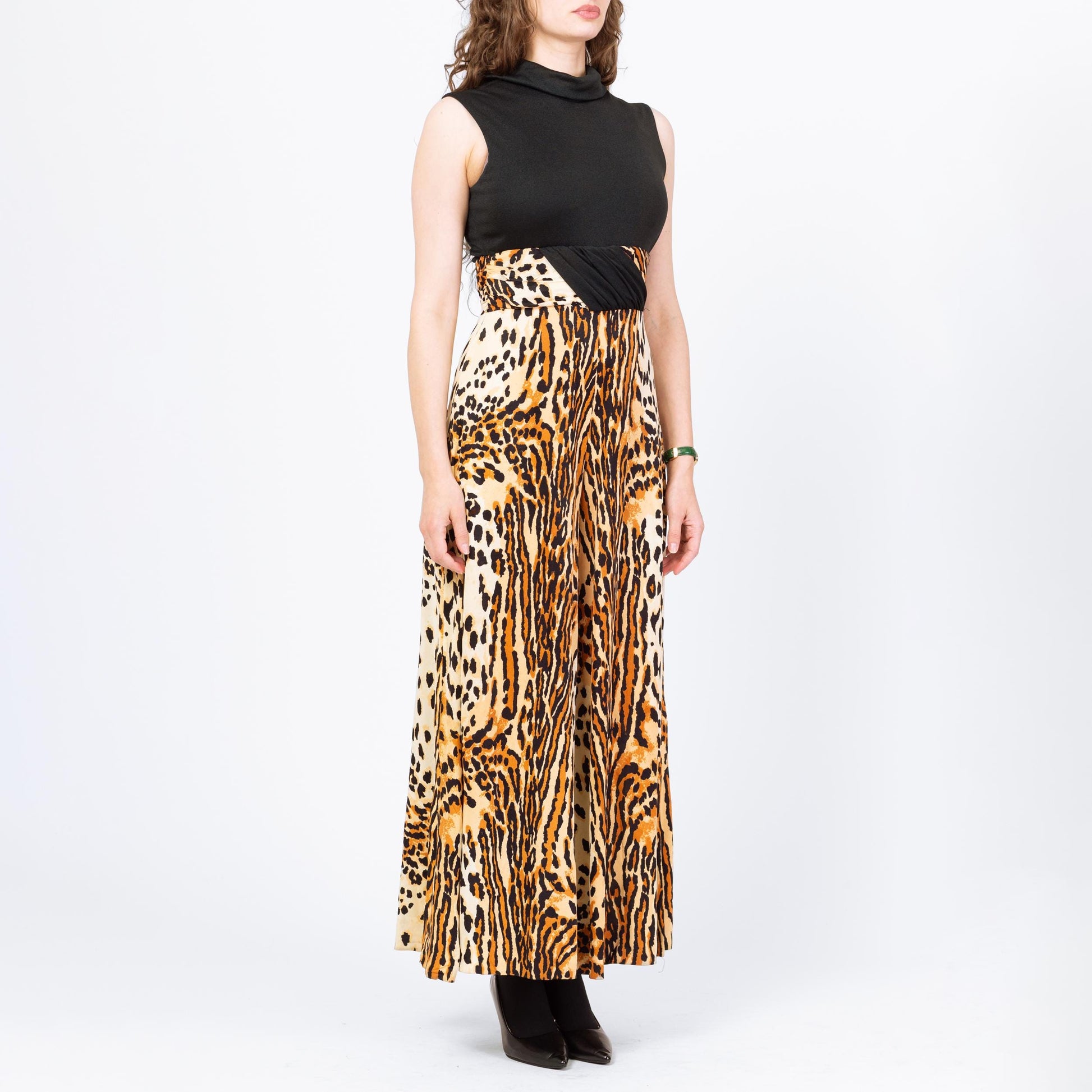 Vintage 60s 70s Animal Print Palazzo Jumpsuit - Medium | Black & Brown Leopard Print Sleeveless Disco Pantsuit