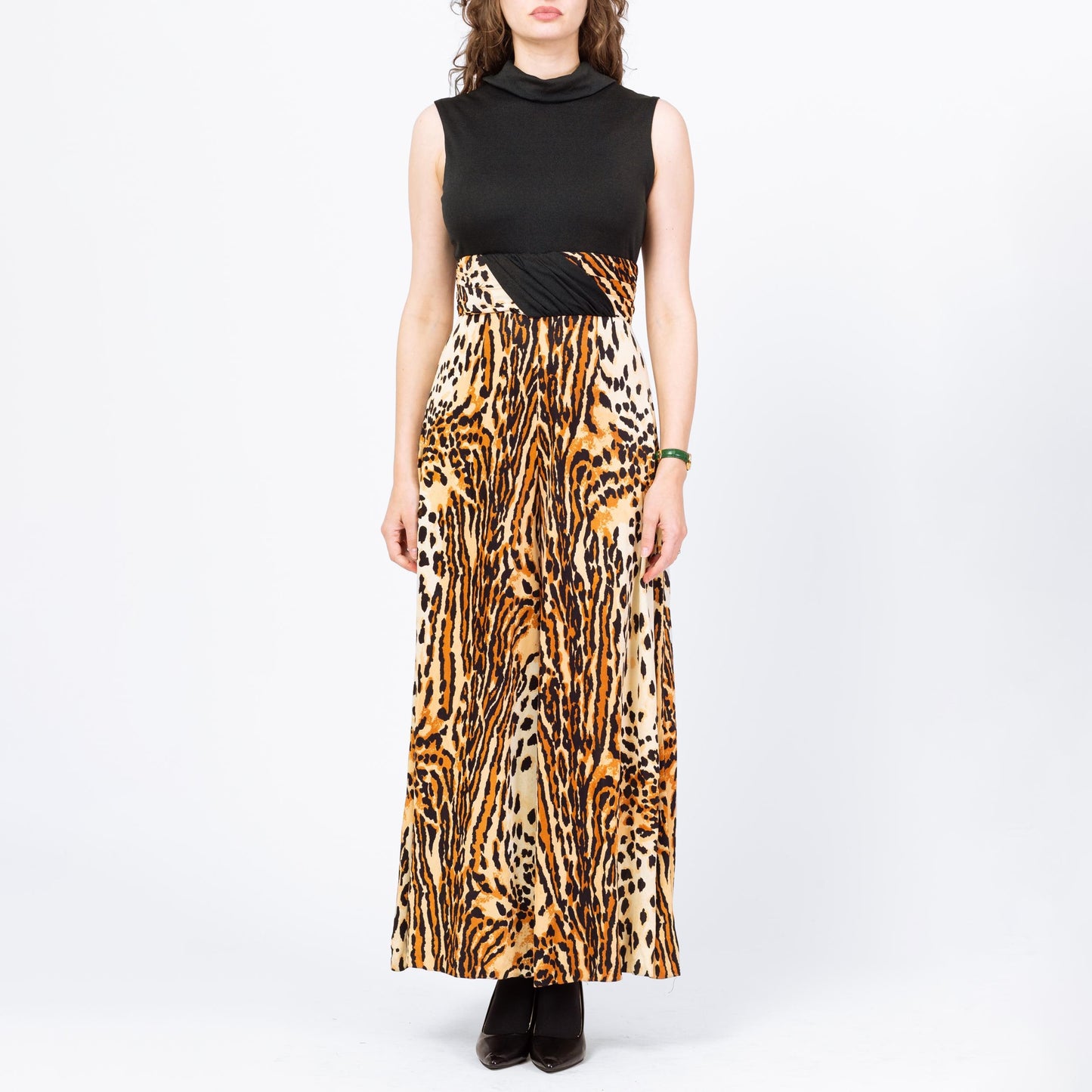Vintage 60s 70s Animal Print Palazzo Jumpsuit - Medium | Black & Brown Leopard Print Sleeveless Disco Pantsuit