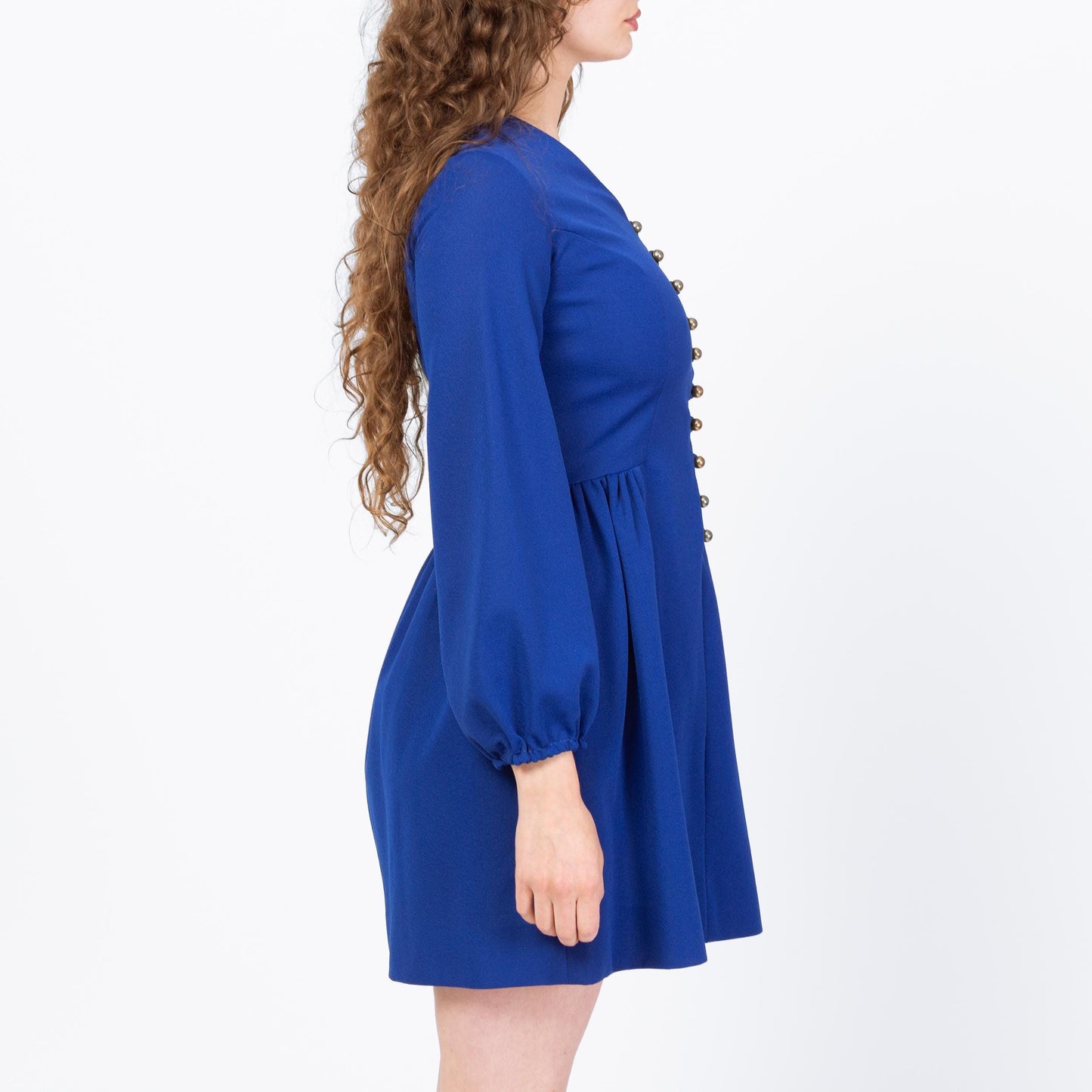 Vintage 70s Royal Blue Long Sleeve Mini Party Dress - Medium | Mod Gold Button Fit & Flare Minidress