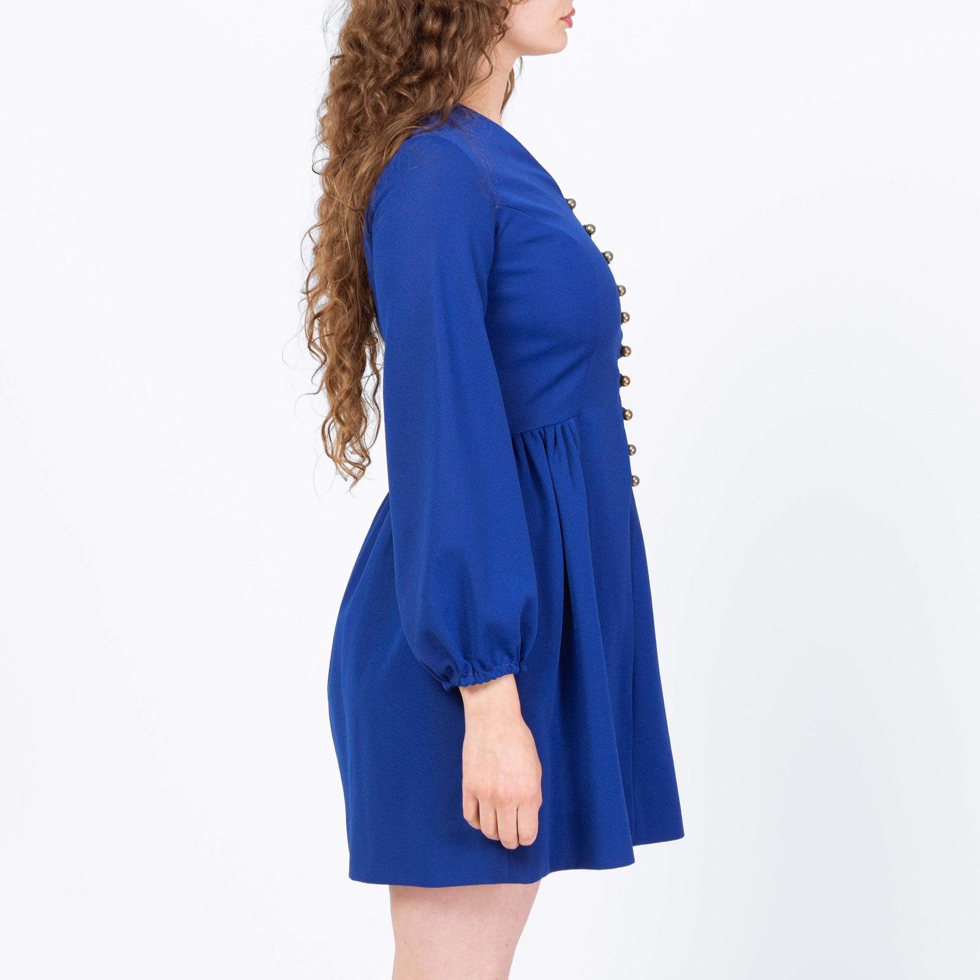 Vintage 70s Royal Blue Long Sleeve Mini Party Dress - Medium | Mod Gold Button Fit & Flare Minidress