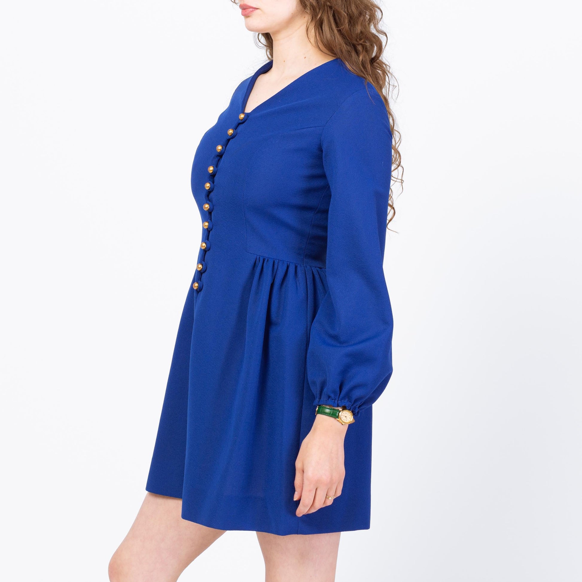 Vintage 70s Royal Blue Long Sleeve Mini Party Dress - Medium | Mod Gold Button Fit & Flare Minidress