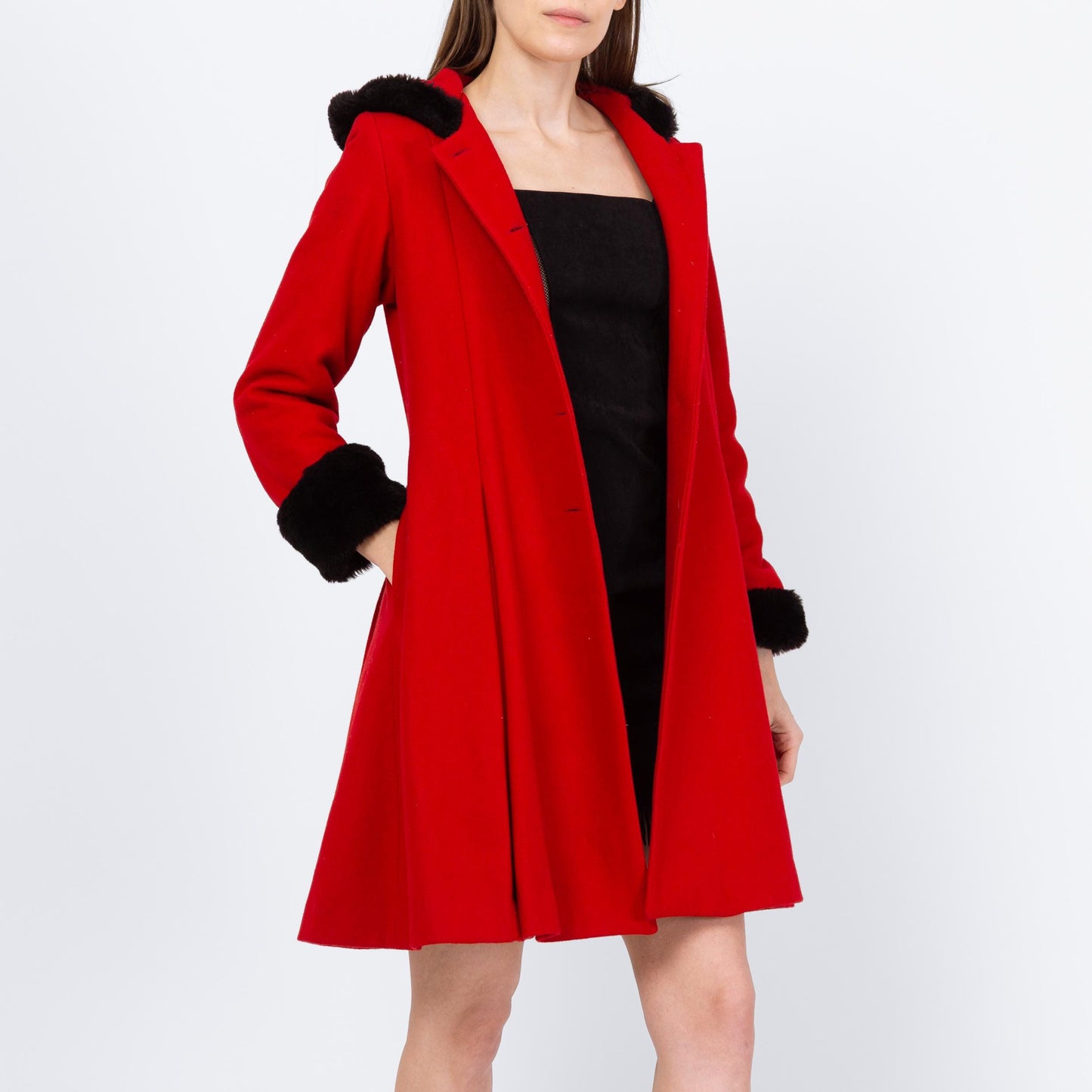 Vintage 90s Red & Black Mini Hooded Princess Coat - Extra Small | Wool Faux Fur Retro Mod Winter Swing Jacket