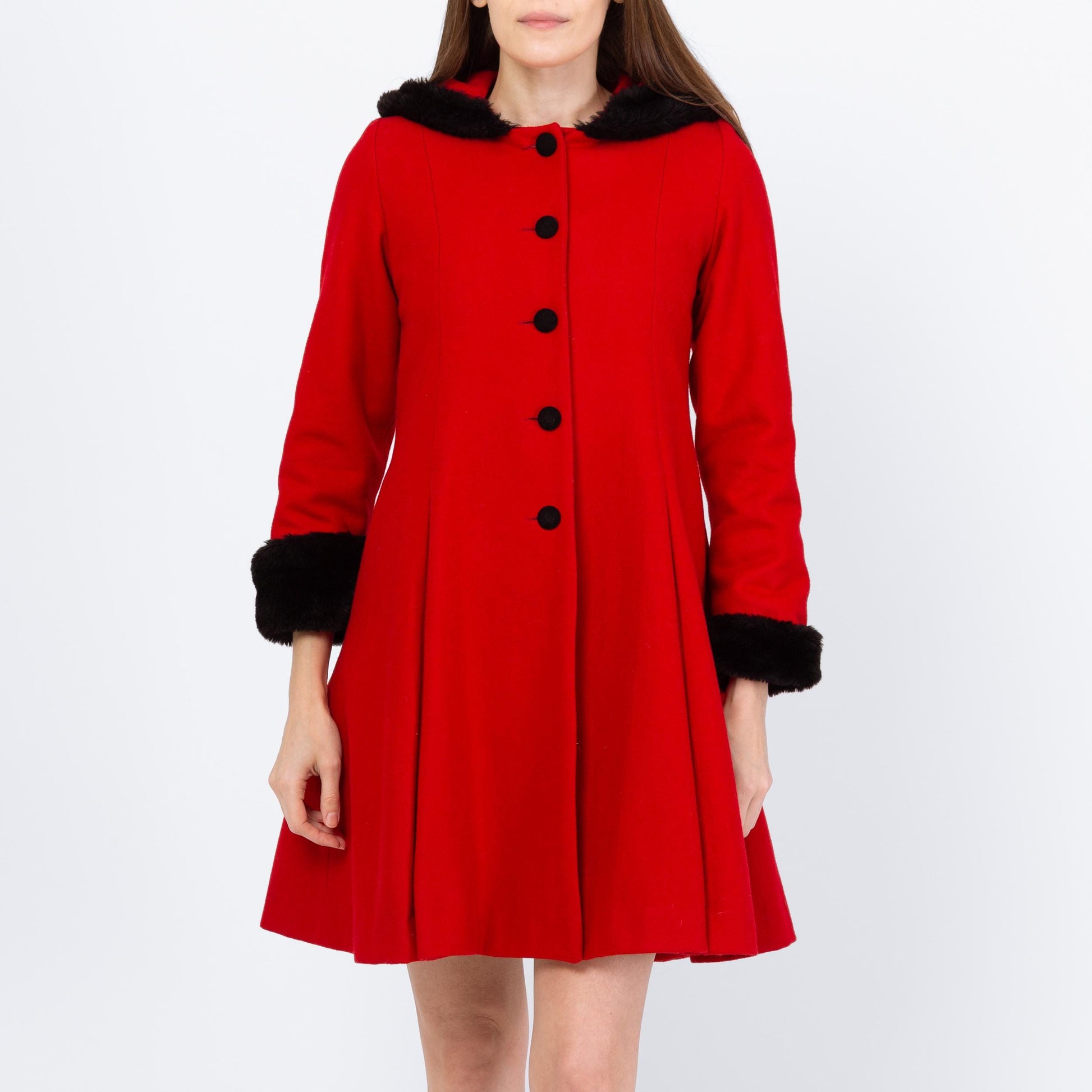 Vintage 90s Red & Black Mini Hooded Princess Coat - Extra Small | Wool Faux Fur Retro Mod Winter Swing Jacket