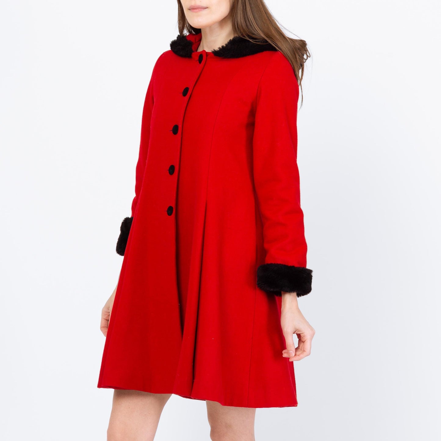 Vintage 90s Red & Black Mini Hooded Princess Coat - Extra Small | Wool Faux Fur Retro Mod Winter Swing Jacket