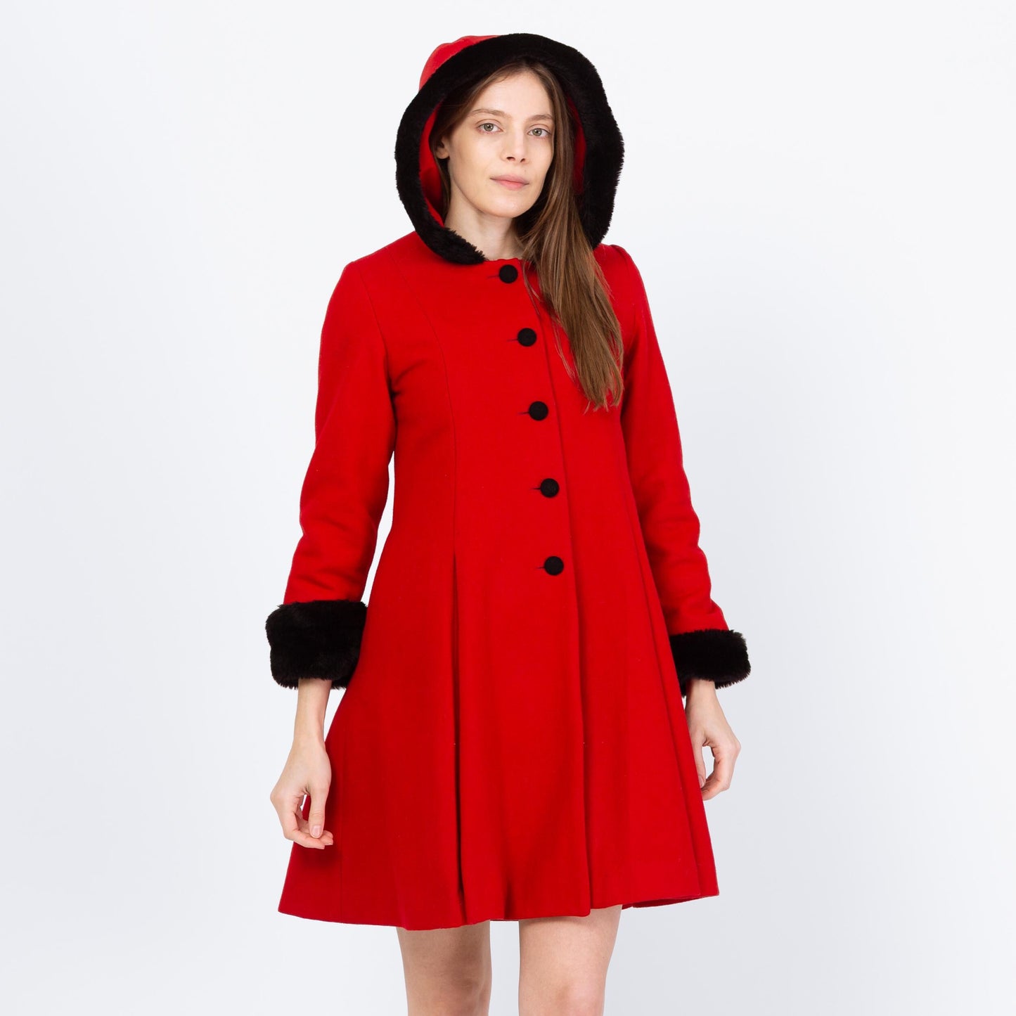 Vintage 90s Red & Black Mini Hooded Princess Coat - Extra Small | Wool Faux Fur Retro Mod Winter Swing Jacket