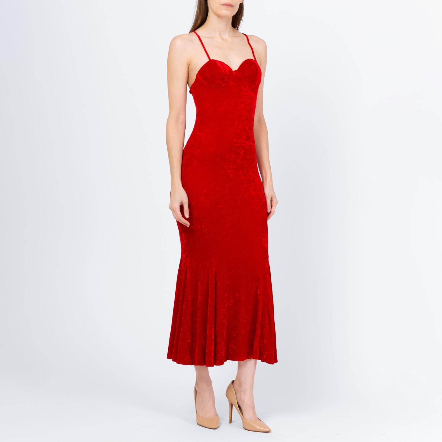 Vintage 90s Red Velvet Bombshell Maxi Dress - Extra Small | Criss Cross Spaghetti Strap Bodycon Formal Party Gown