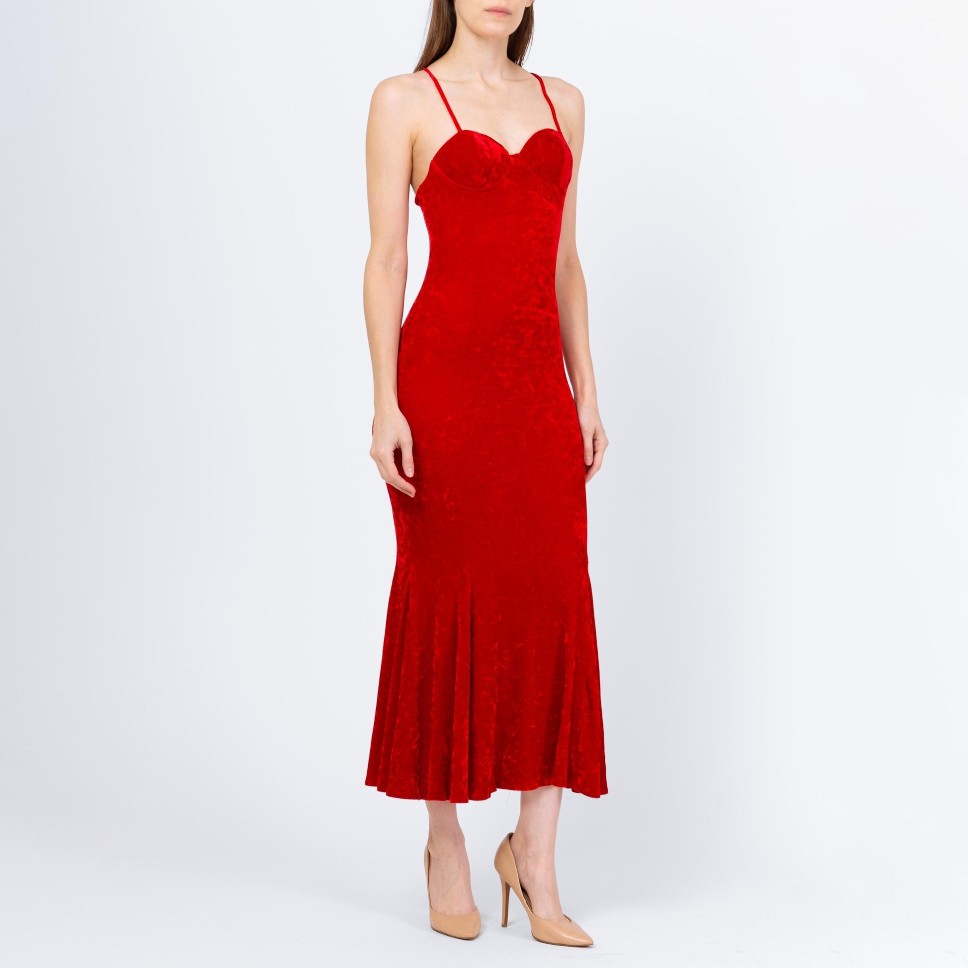 Vintage 90s Red Velvet Bombshell Maxi Dress - Extra Small | Criss Cross Spaghetti Strap Bodycon Formal Party Gown