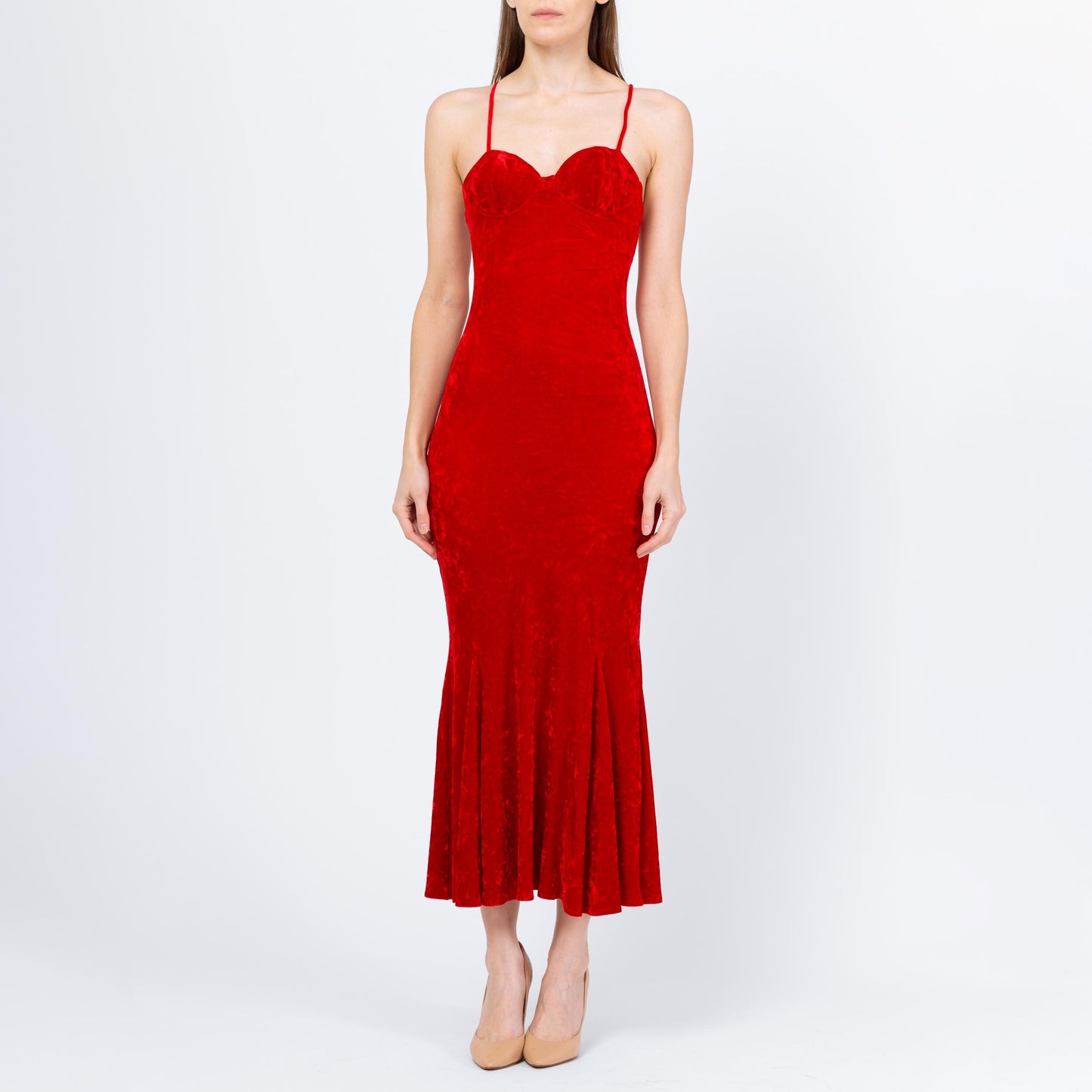 Vintage 90s Red Velvet Bombshell Maxi Dress - Extra Small | Criss Cross Spaghetti Strap Bodycon Formal Party Gown