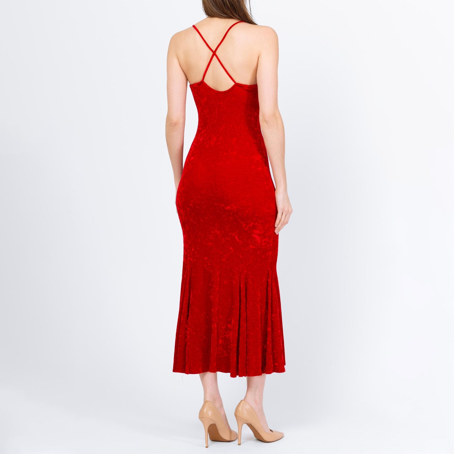 Vintage 90s Red Velvet Bombshell Maxi Dress - Extra Small | Criss Cross Spaghetti Strap Bodycon Formal Party Gown