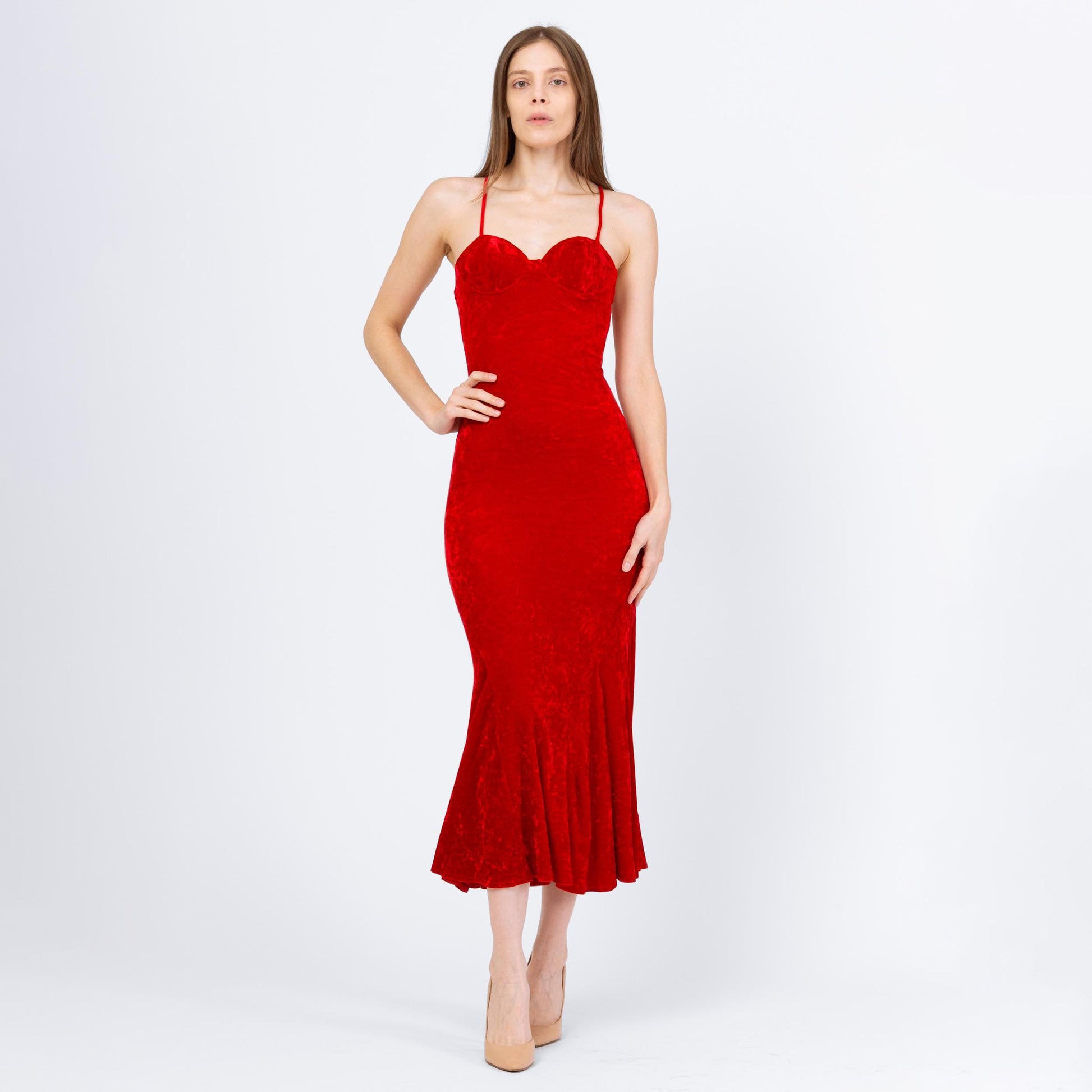 Vintage 90s Red Velvet Bombshell Maxi Dress - Extra Small | Criss Cross Spaghetti Strap Bodycon Formal Party Gown