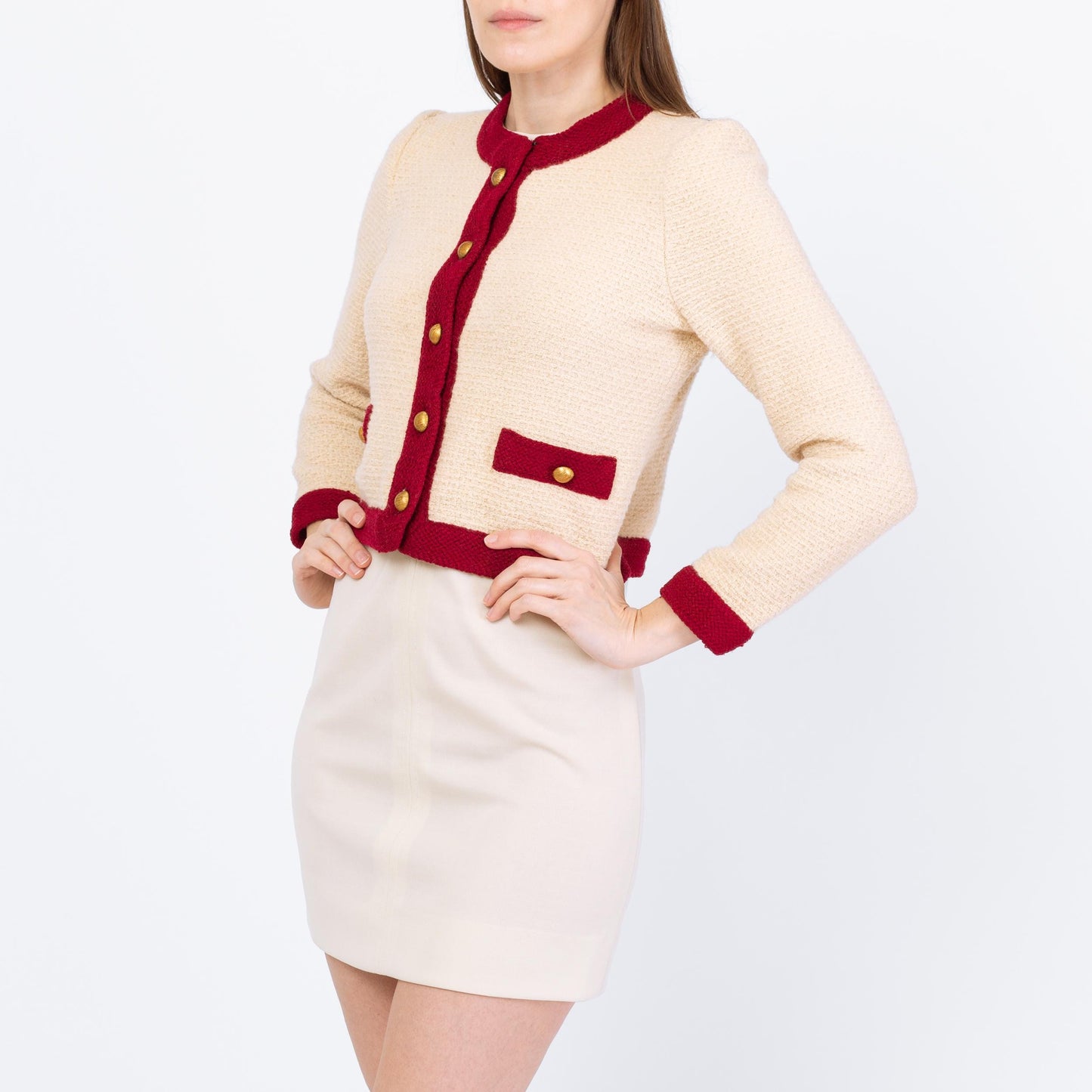 Vintage 70s Castleberry Cropped Knit Cardigan - Small | Cream Wine Red Button Up Short Sweater Jacket