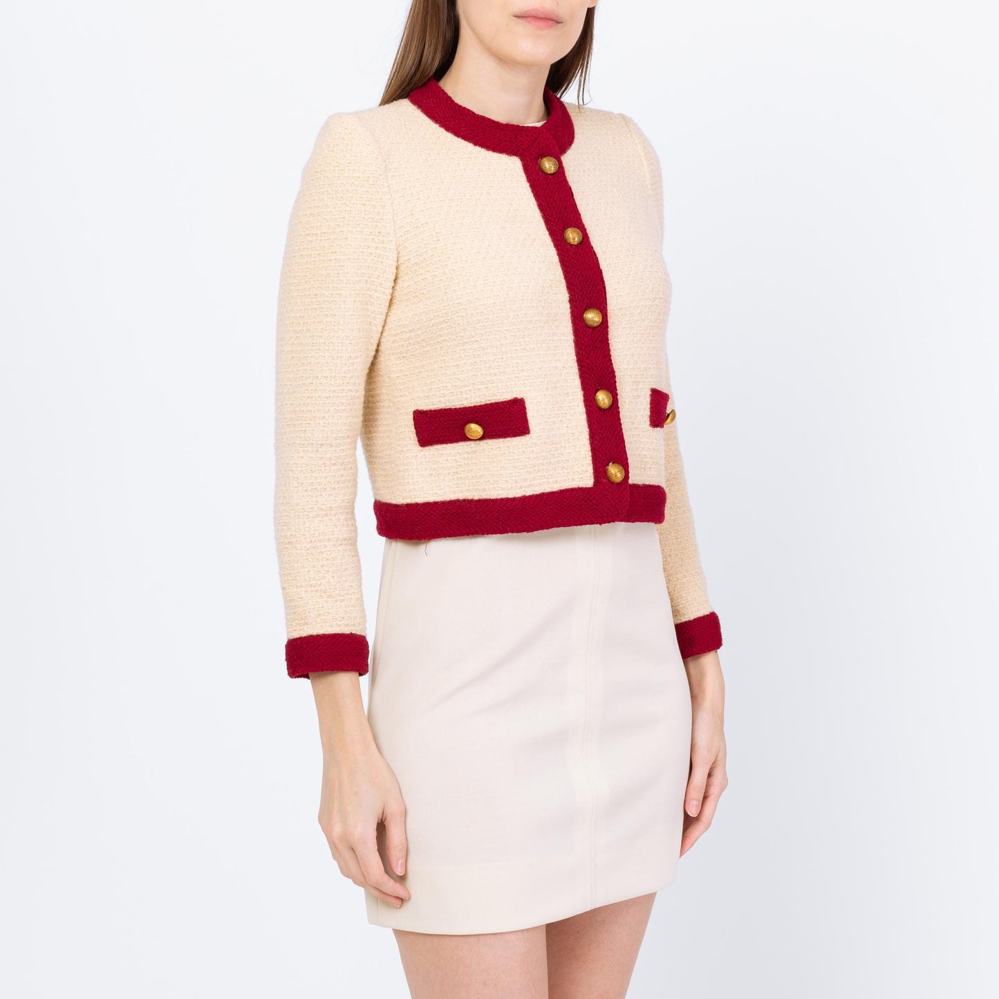 Vintage 70s Castleberry Cropped Knit Cardigan - Small | Cream Wine Red Button Up Short Sweater Jacket