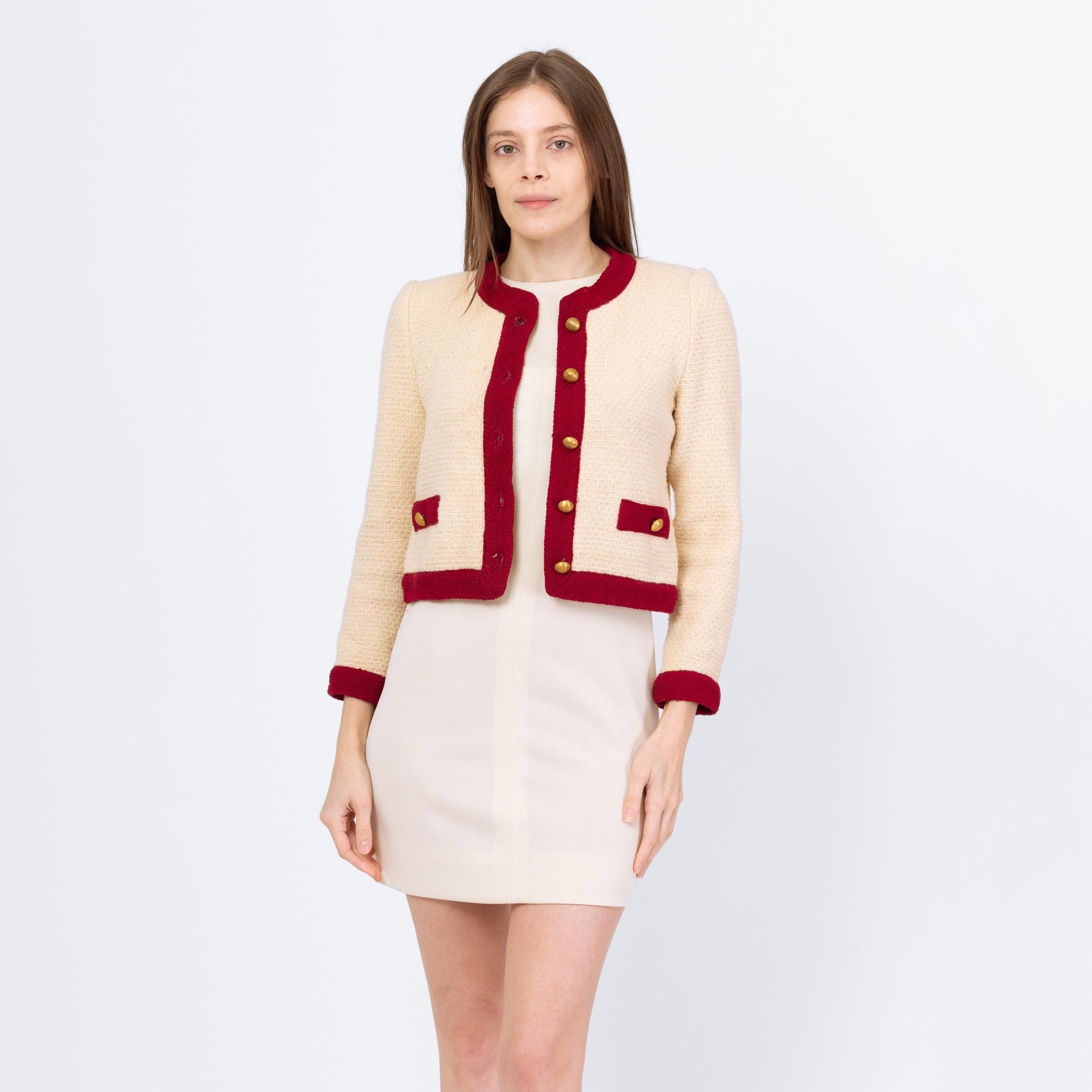 Vintage 70s Castleberry Cropped Knit Cardigan - Small | Cream Wine Red Button Up Short Sweater Jacket