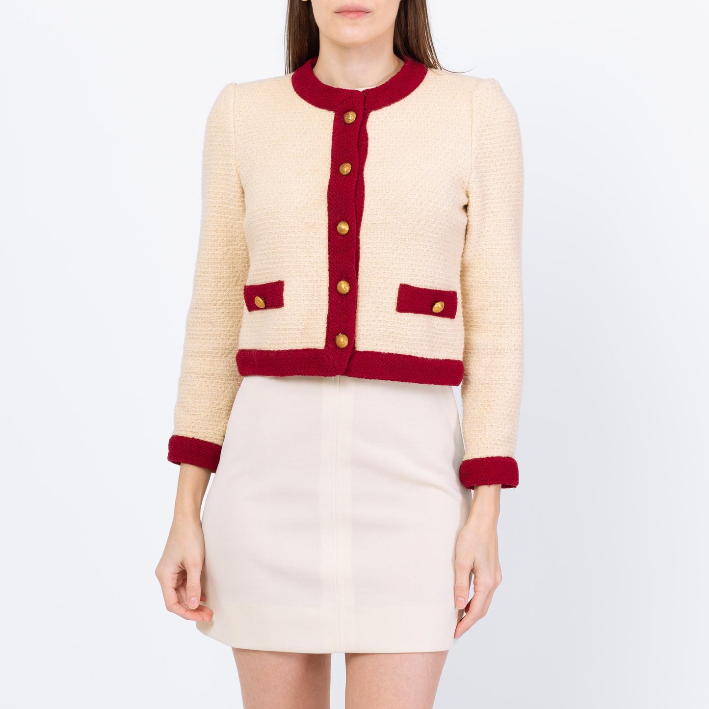 Vintage 70s Castleberry Cropped Knit Cardigan - Small | Cream Wine Red Button Up Short Sweater Jacket