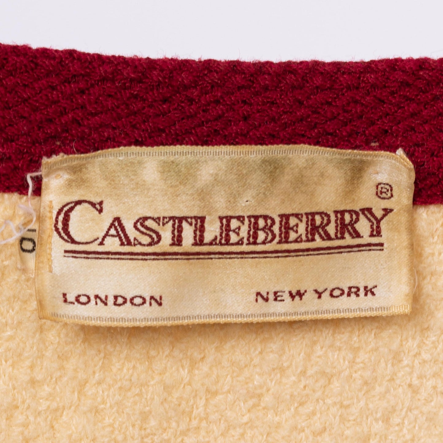 Vintage 70s Castleberry Cropped Knit Cardigan - Small | Cream Wine Red Button Up Short Sweater Jacket