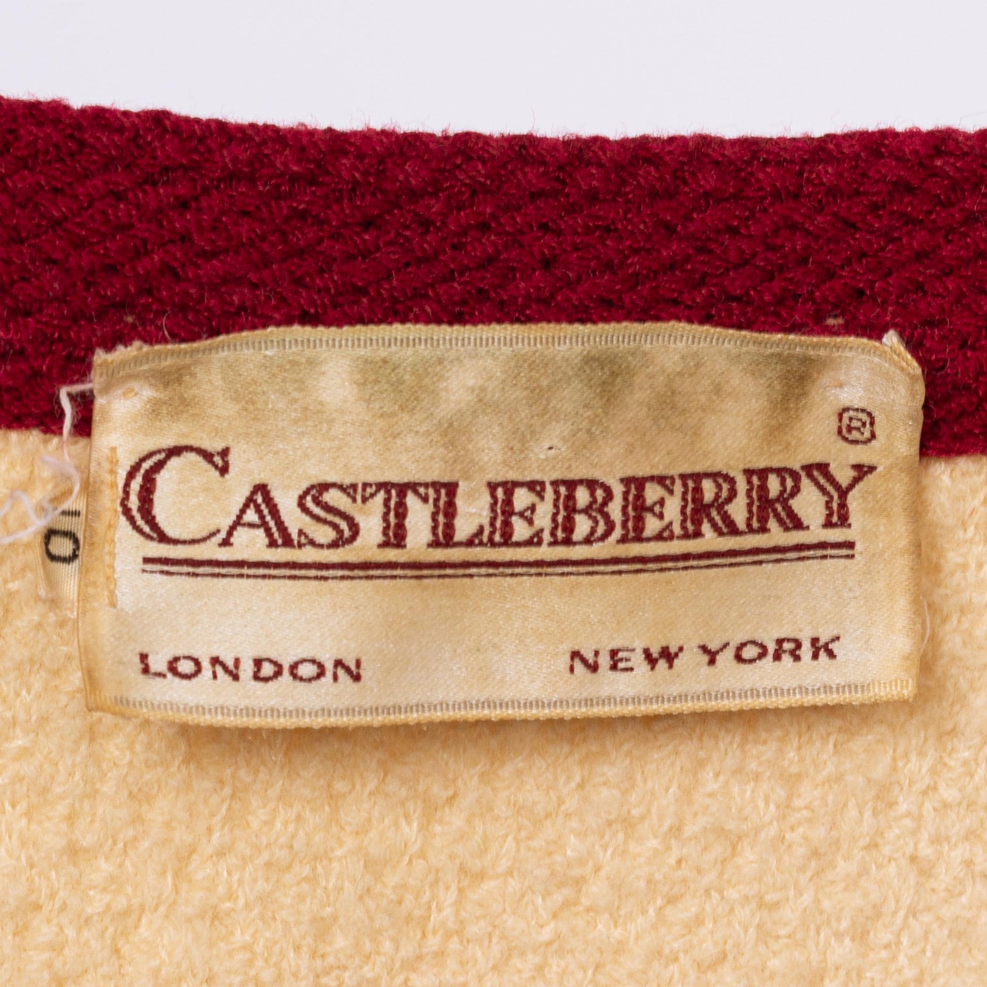 Vintage 70s Castleberry Cropped Knit Cardigan - Small | Cream Wine Red Button Up Short Sweater Jacket