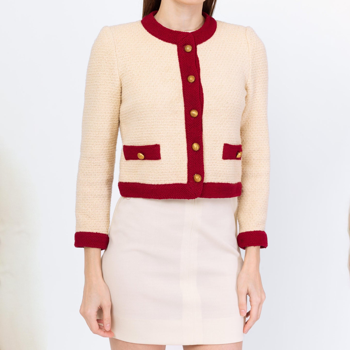 Vintage 70s Castleberry Cropped Knit Cardigan - Small | Cream Wine Red Button Up Short Sweater Jacket