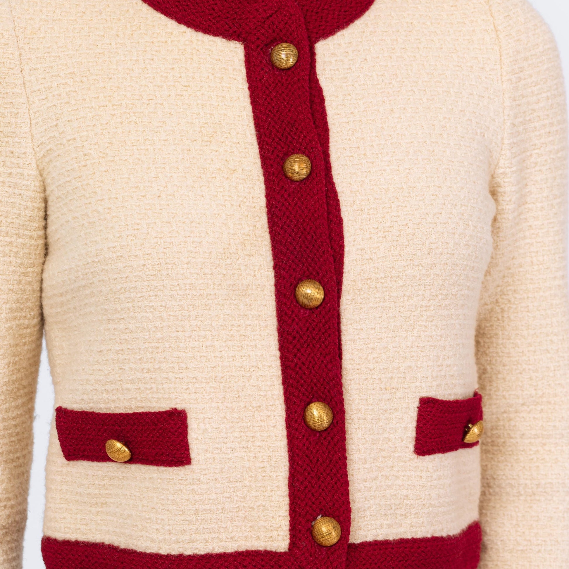Vintage 70s Castleberry Cropped Knit Cardigan - Small | Cream Wine Red Button Up Short Sweater Jacket