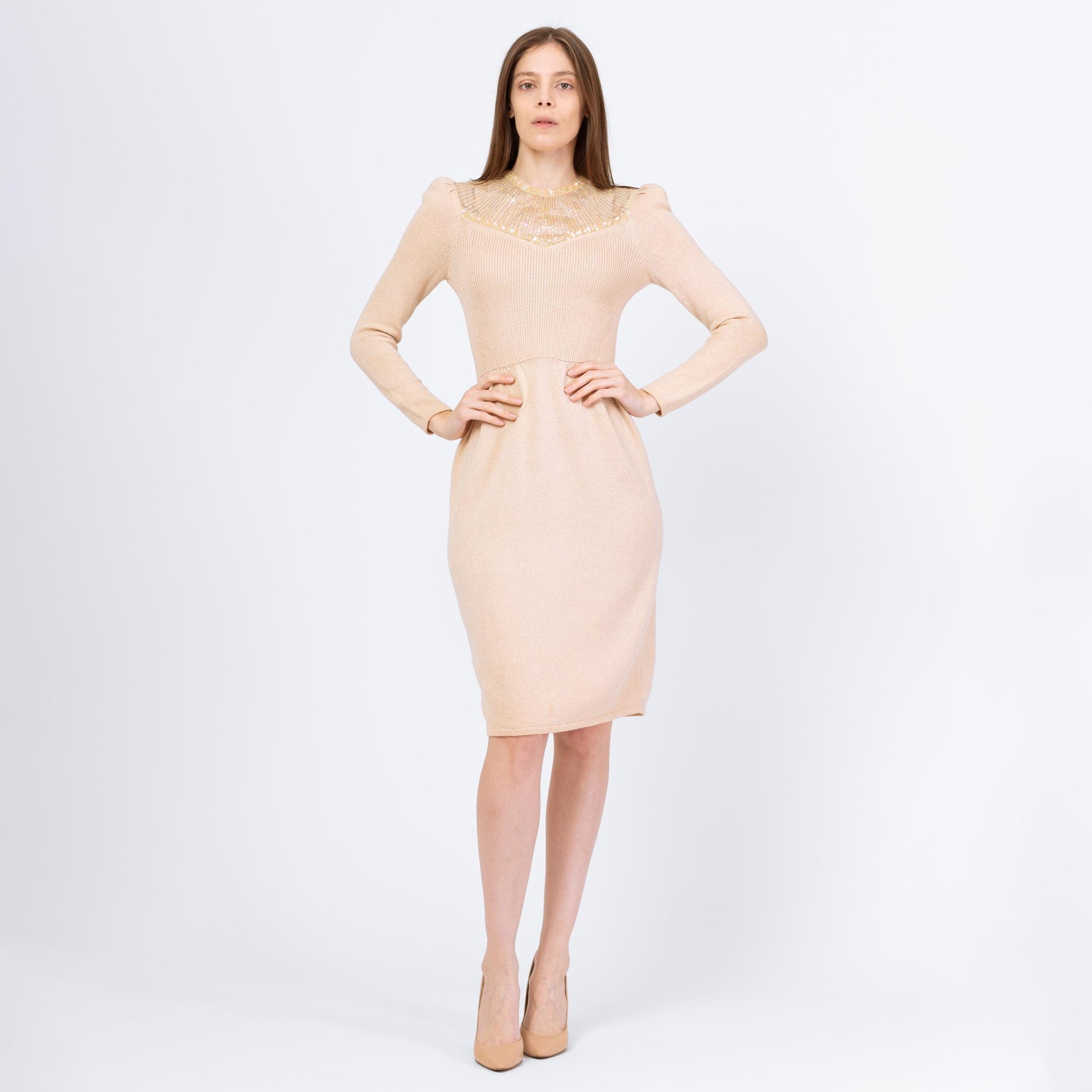 Vintage 80s St. John Deco Cream Knit Sequin Dress - Small | Retro Long Sleeve Ribbed Cocktail Party Dress