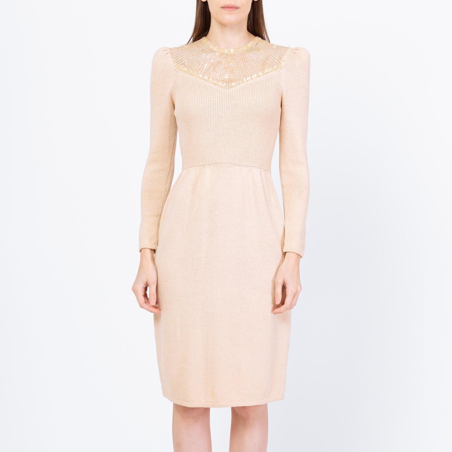 Vintage 80s St. John Deco Cream Knit Sequin Dress - Small | Retro Long Sleeve Ribbed Cocktail Party Dress