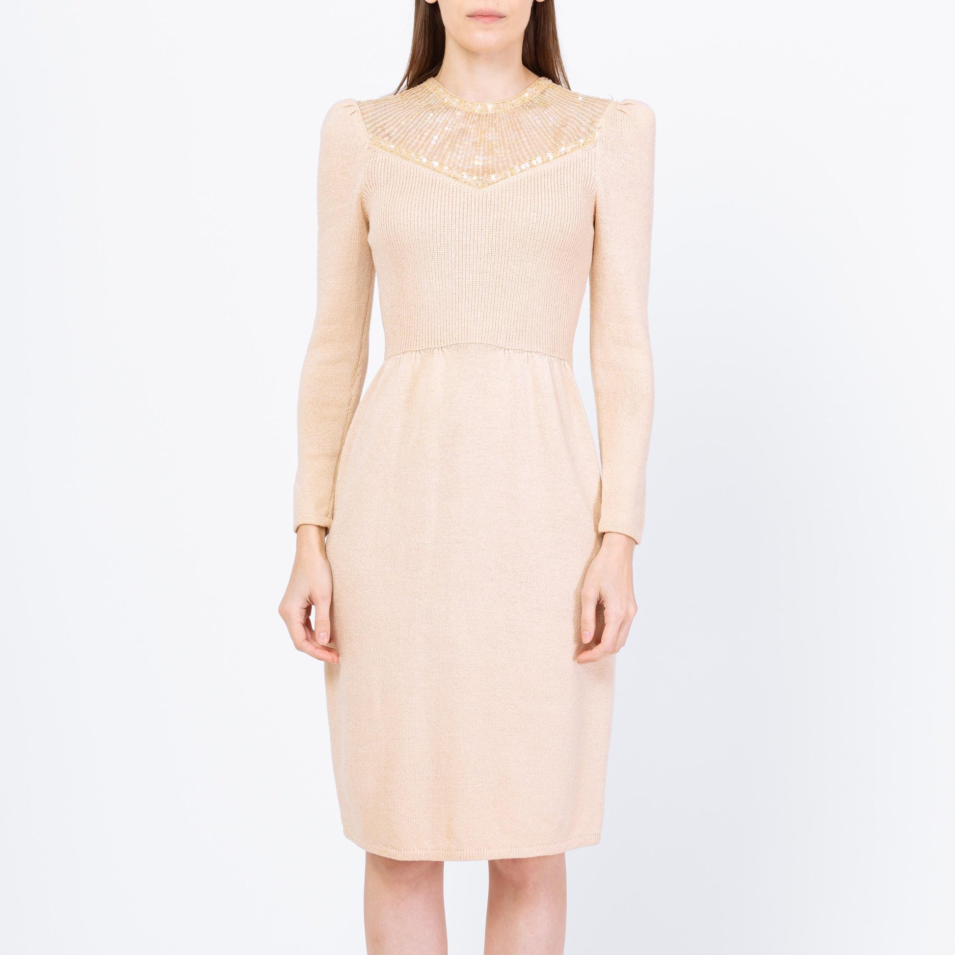 Vintage 80s St. John Deco Cream Knit Sequin Dress - Small | Retro Long Sleeve Ribbed Cocktail Party Dress