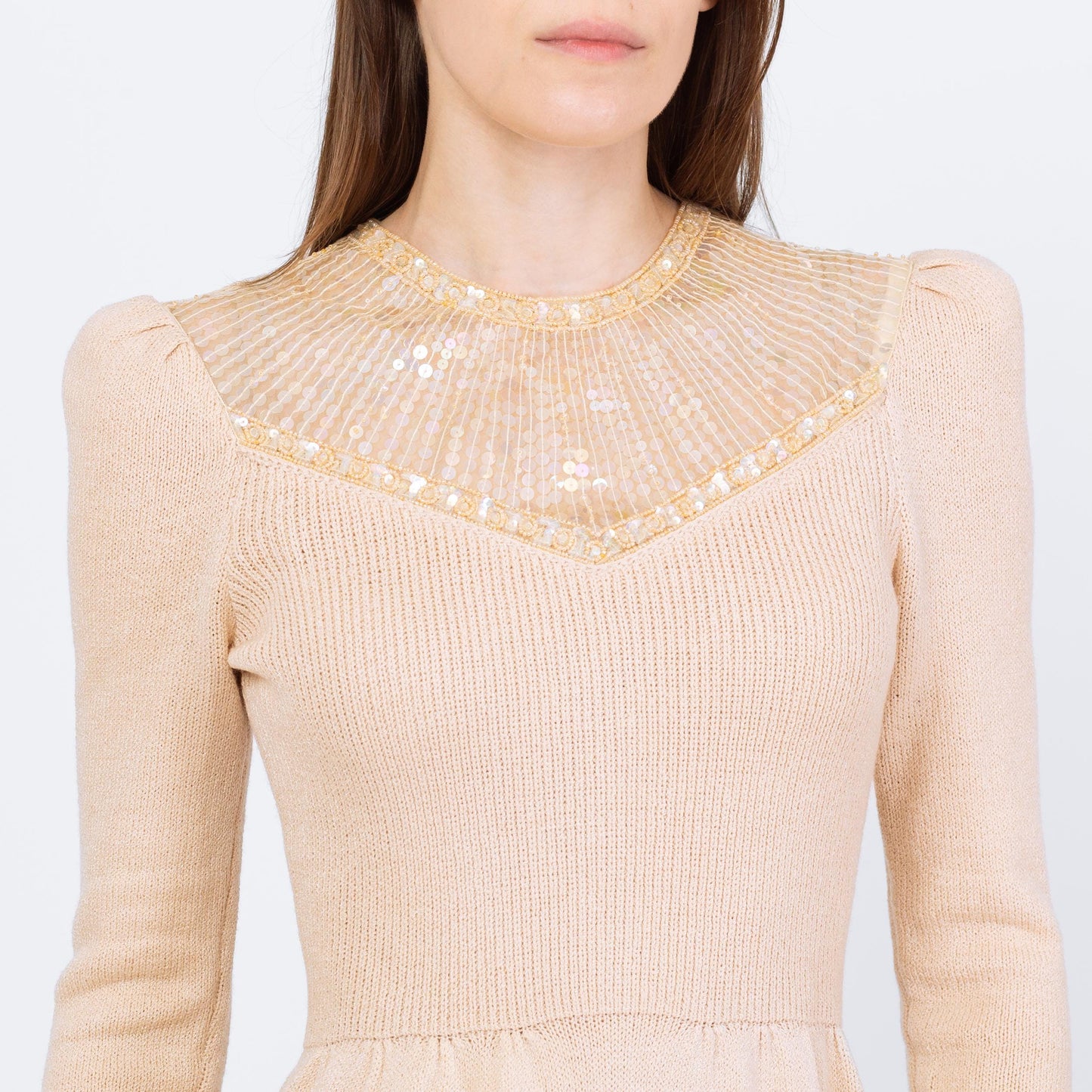 Vintage 80s St. John Deco Cream Knit Sequin Dress - Small | Retro Long Sleeve Ribbed Cocktail Party Dress