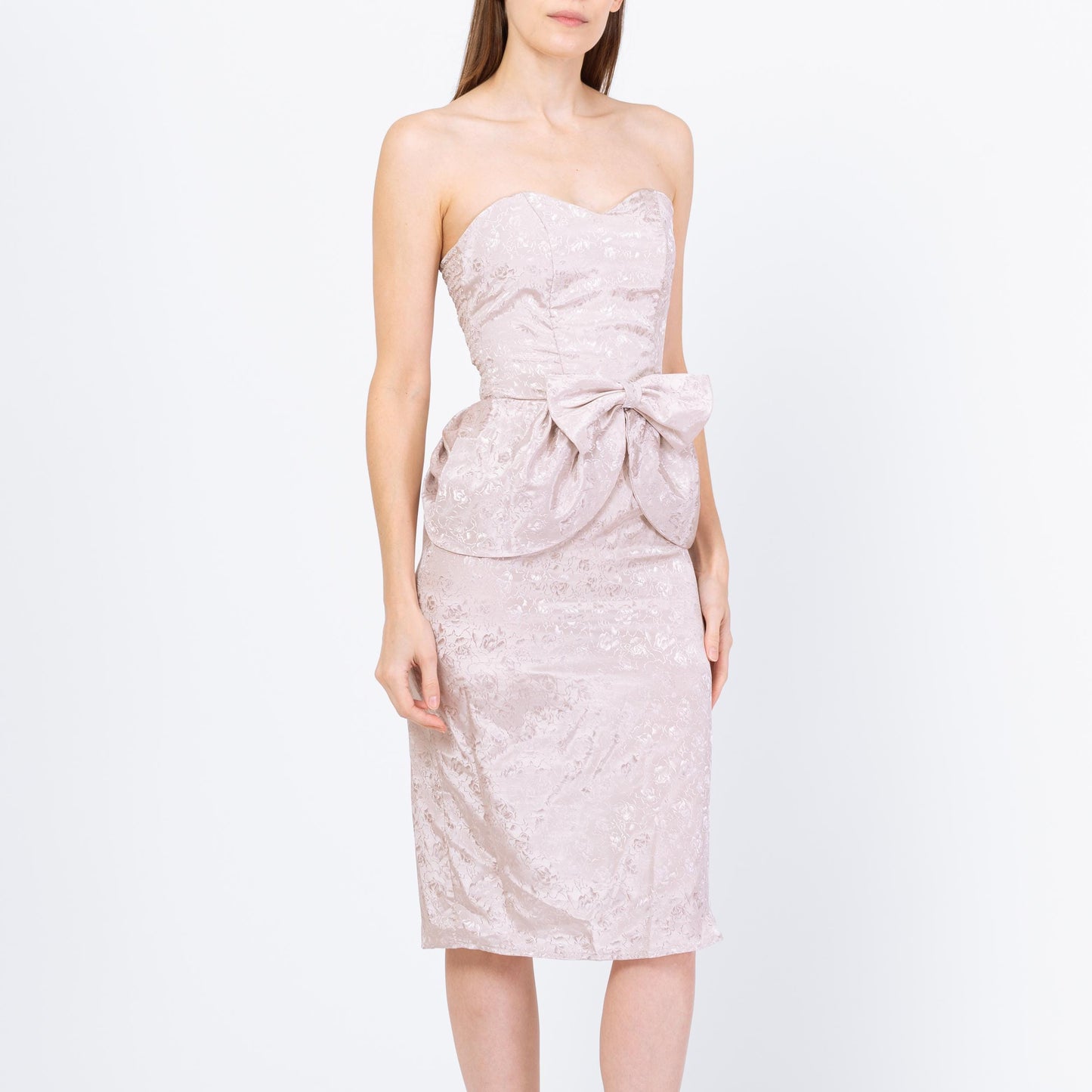 Vintage 80s Jacquard Floral Peplum Party Dress - Extra Small | Silver Strapless Bow Tie Formal Mini Prom Dress