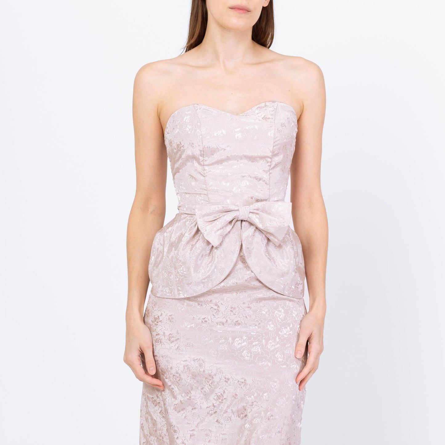 Vintage 80s Jacquard Floral Peplum Party Dress - Extra Small | Silver Strapless Bow Tie Formal Mini Prom Dress