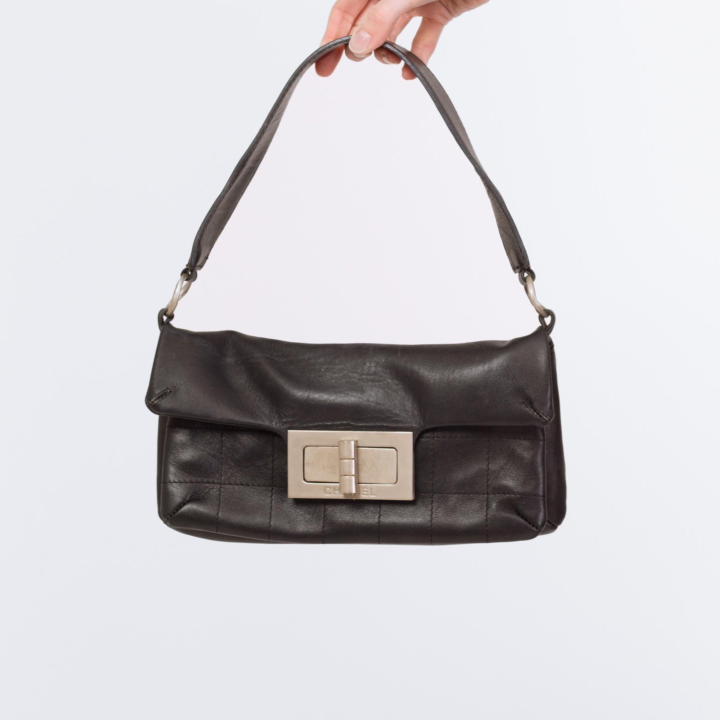 Vintage Y2K Chanel Mademoiselle Quilted Black Leather Shoulder Bag | 2000s Designer Purse, Turn Lock 2.55 Chocolate Bar Bag