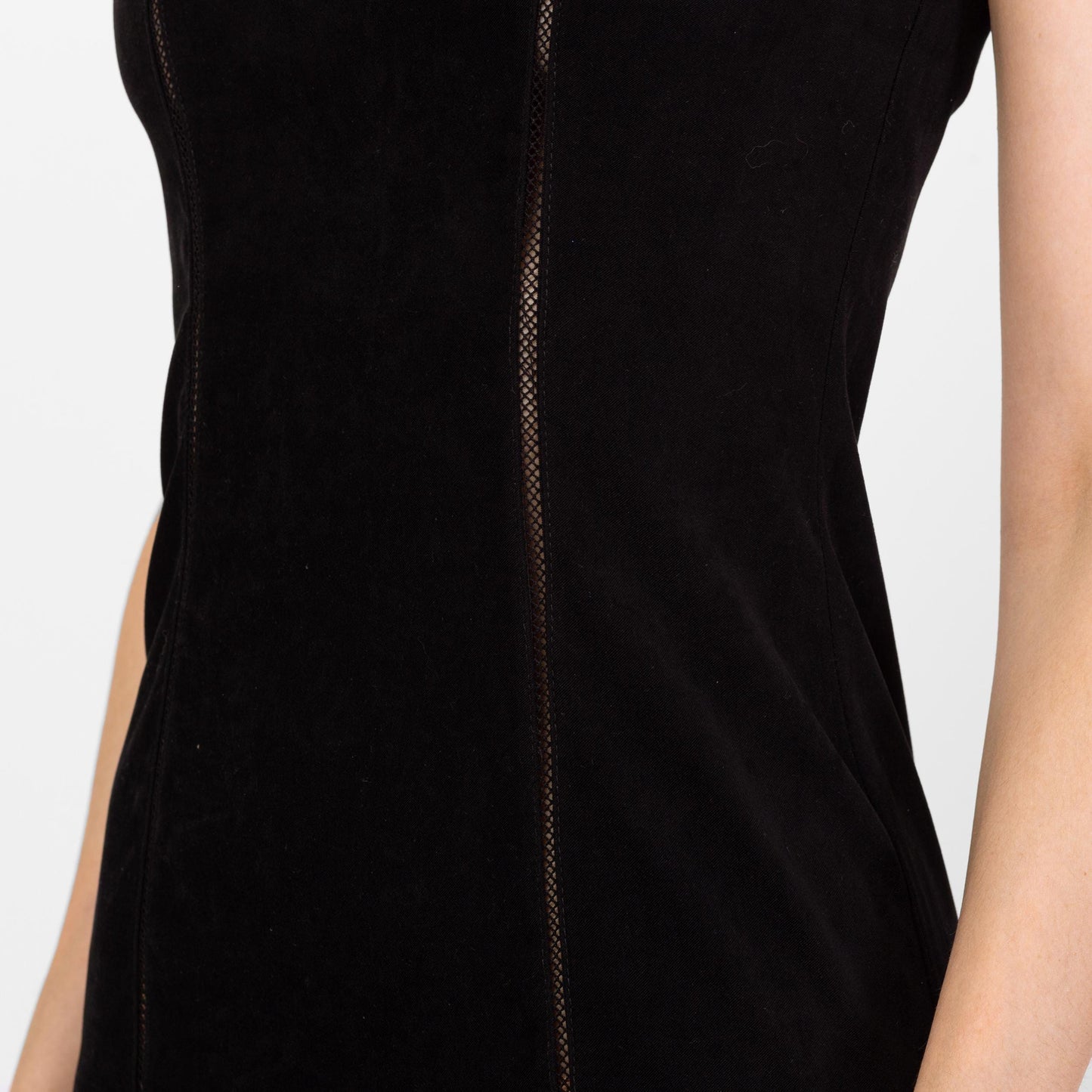 Vintage 90s Black Faux Suede Eyelet Fringe Trim Mini Dress - Extra Small | Sleeveless Ultrasuede Sheer Stripe Bodycon Cocktail Party Dress