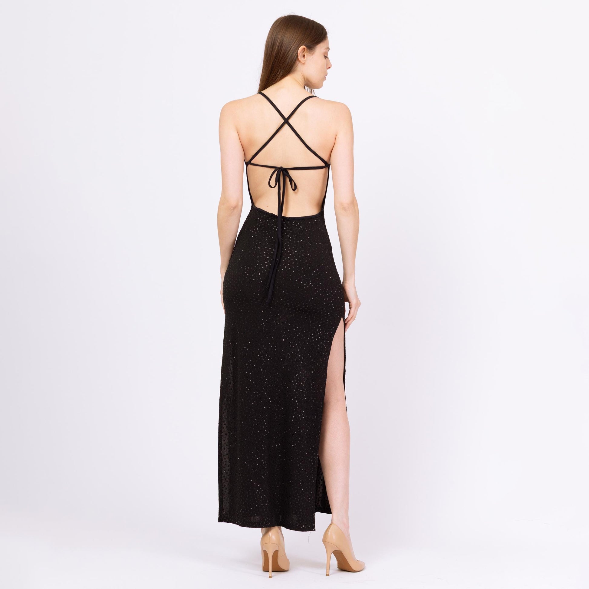 Vintage 90s Backless Black Sparkle Maxi Dress - Small | Low Back Criss Cross Strap Sexy Evening Gown