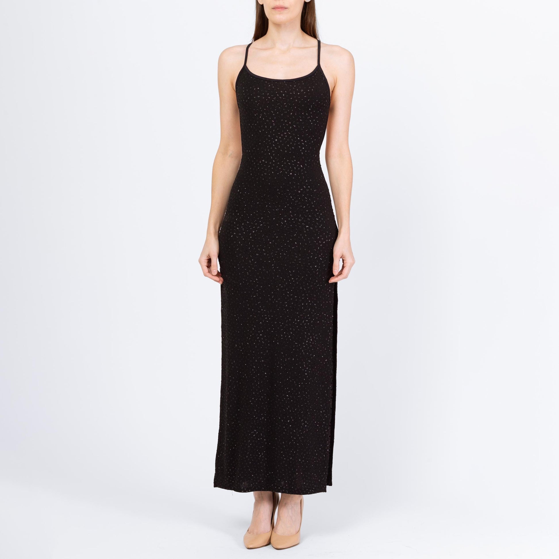 Vintage 90s Backless Black Sparkle Maxi Dress - Small | Low Back Criss Cross Strap Sexy Evening Gown