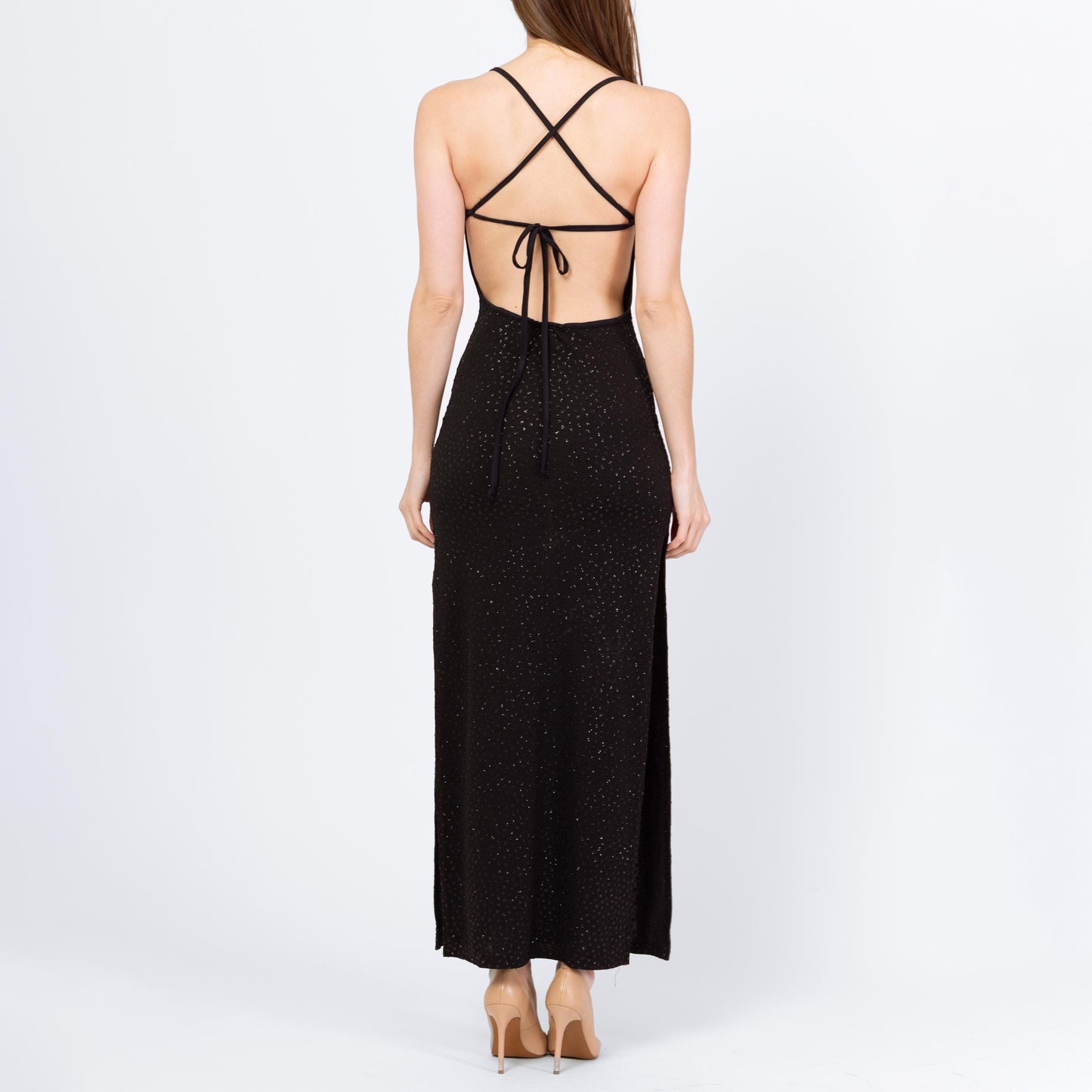 Vintage 90s Backless Black Sparkle Maxi Dress - Small | Low Back Criss Cross Strap Sexy Evening Gown
