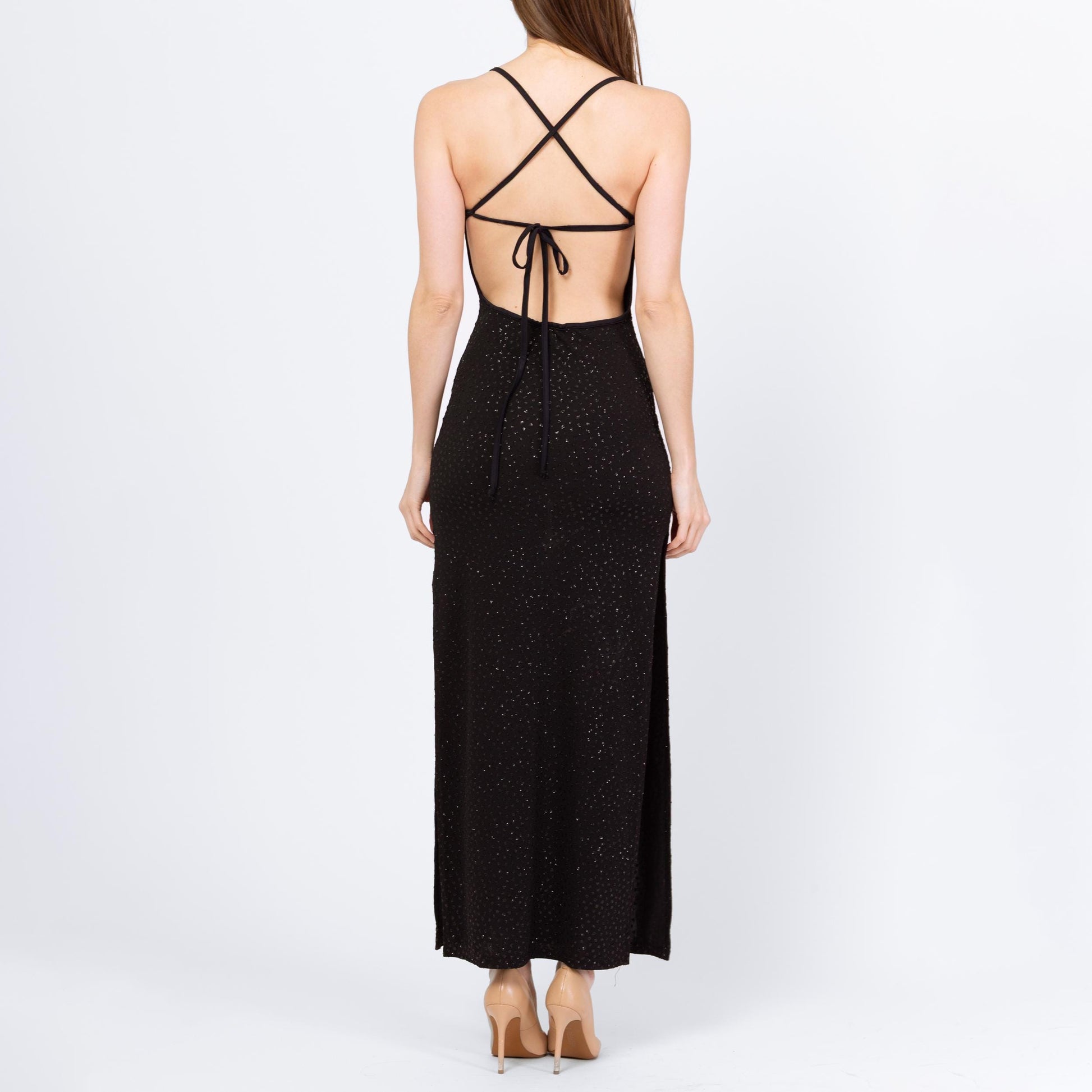 Vintage 90s Backless Black Sparkle Maxi Dress - Small | Low Back Criss Cross Strap Sexy Evening Gown