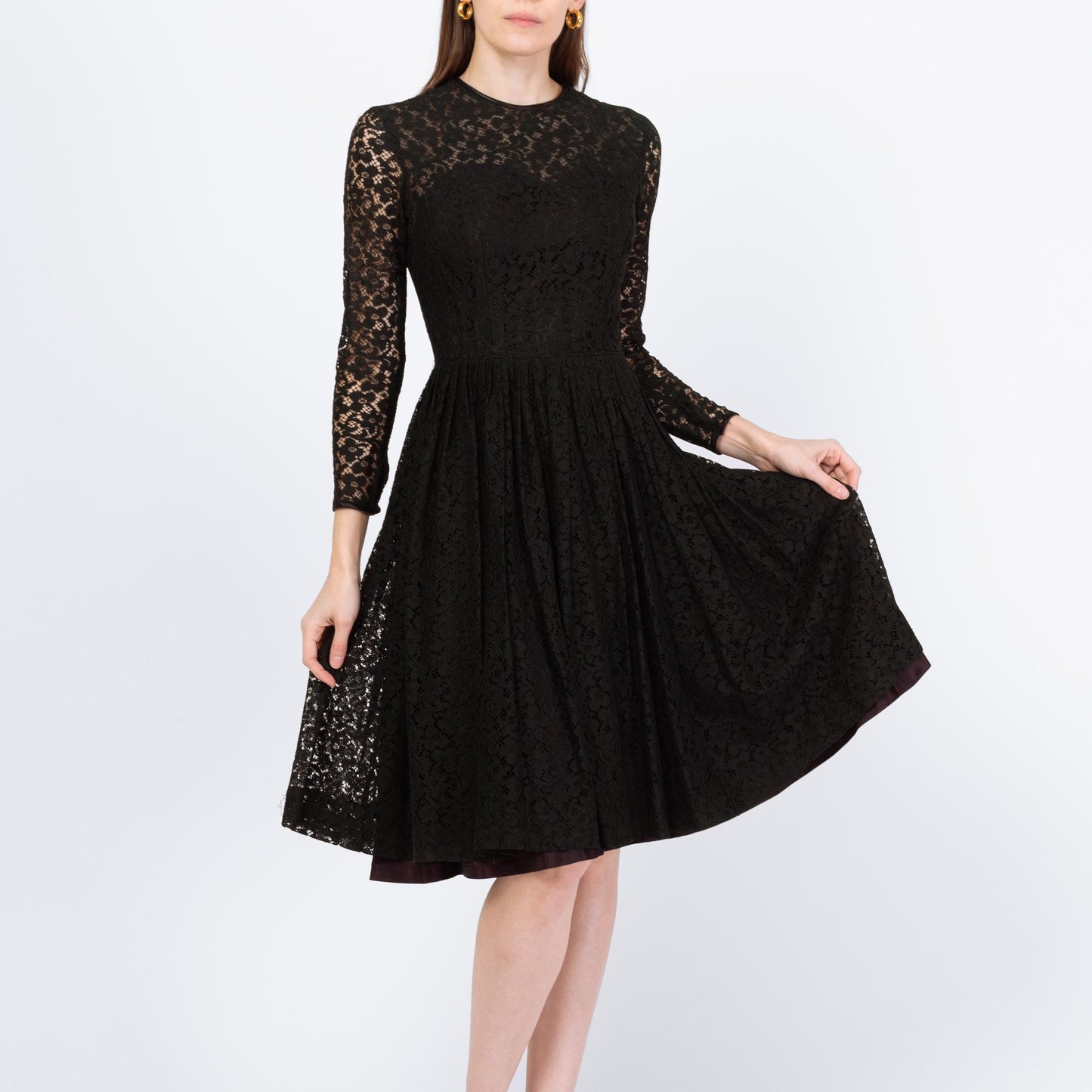 Vintage 60s Black Lace Fit & Flare Party Dress - Extra Small | Long Sleeve Knee Length Cocktail Dress, As Is