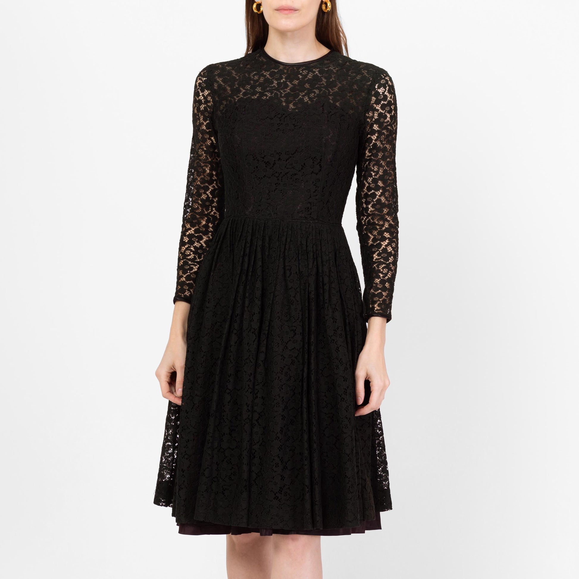 Vintage 60s Black Lace Fit & Flare Party Dress - Extra Small | Long Sleeve Knee Length Cocktail Dress, As Is