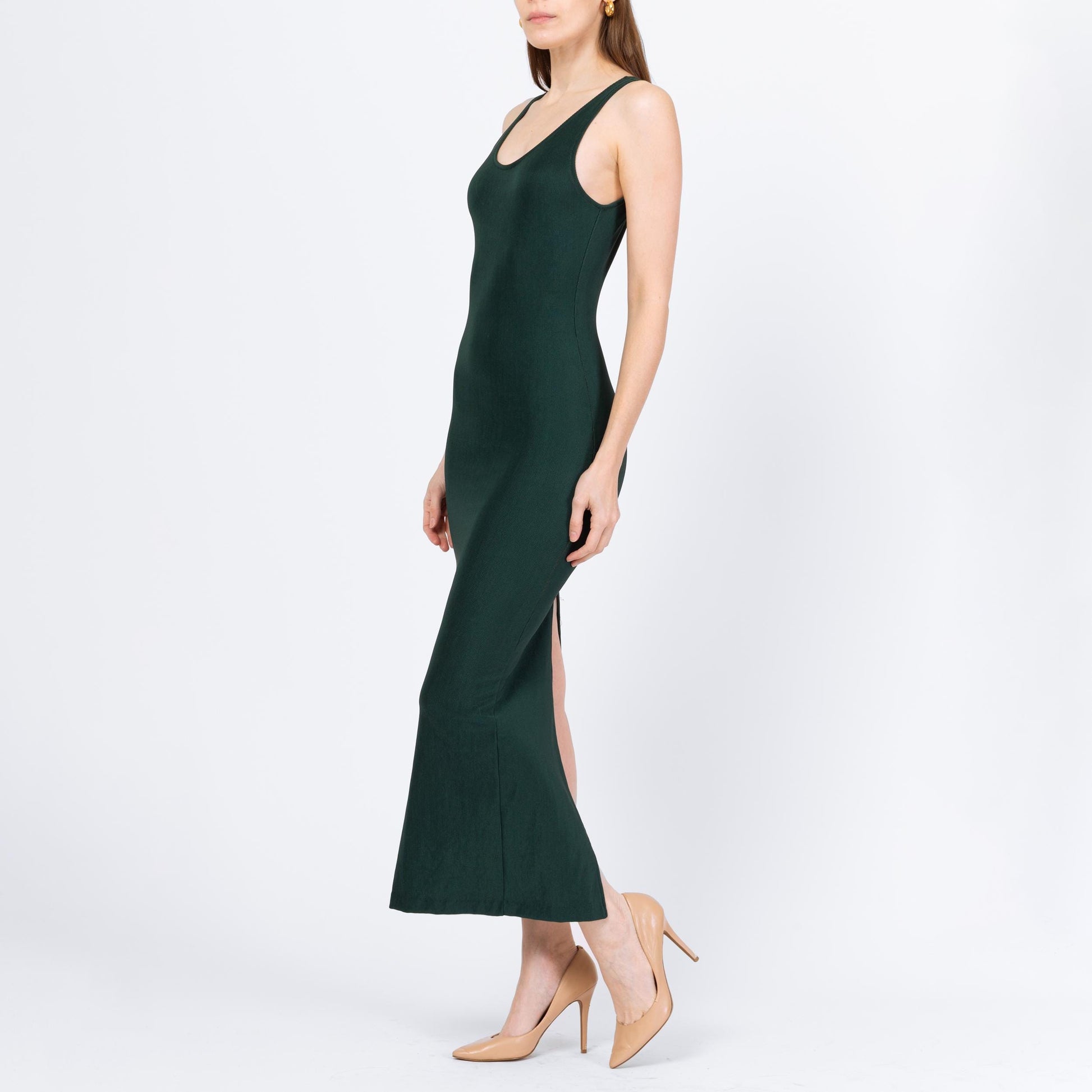 Vintage 90s Emerald Green Bodycon Maxi Tank Dress - XS to Small | Sleeveless Stretchy Minimalist Party Dress