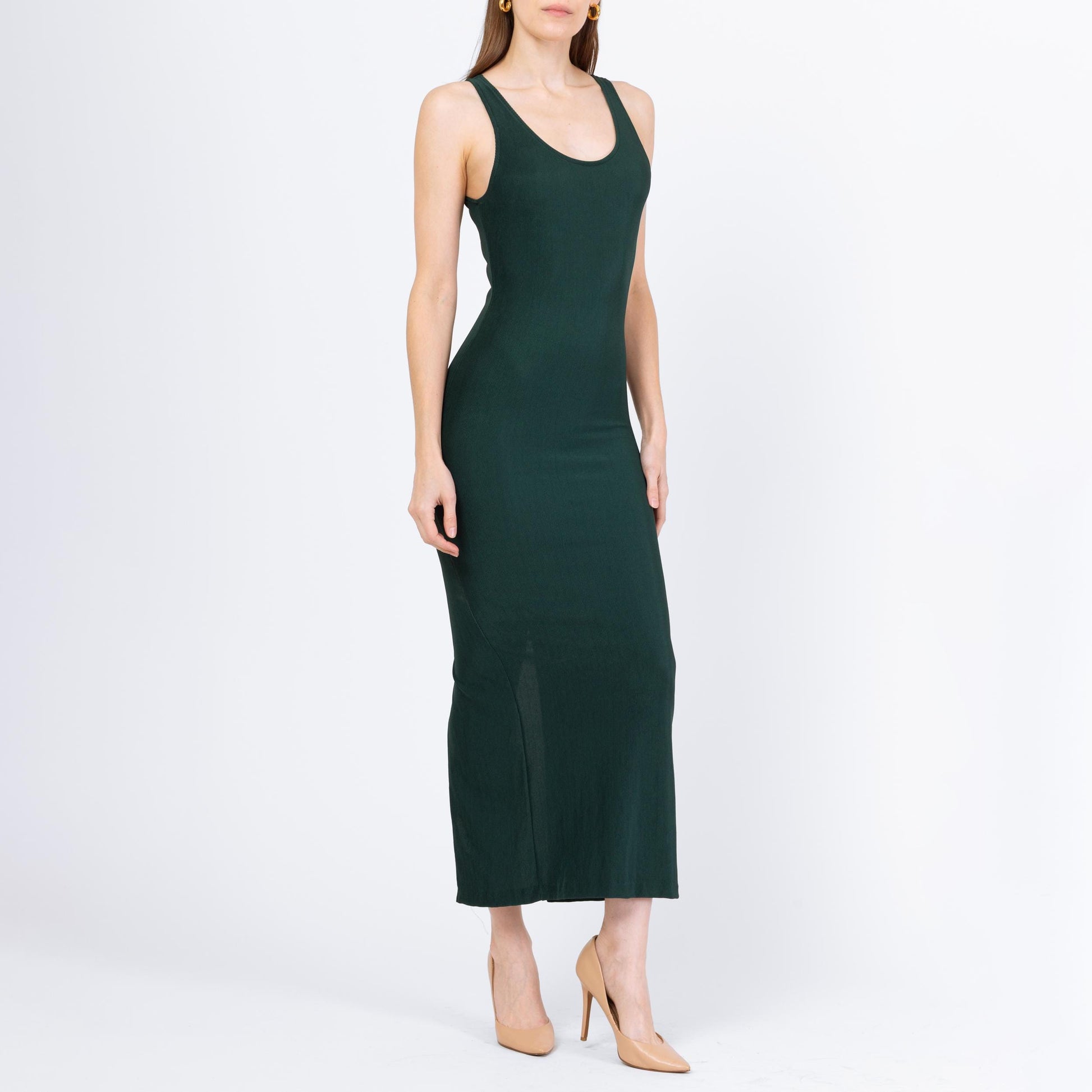 Vintage 90s Emerald Green Bodycon Maxi Tank Dress - XS to Small | Sleeveless Stretchy Minimalist Party Dress