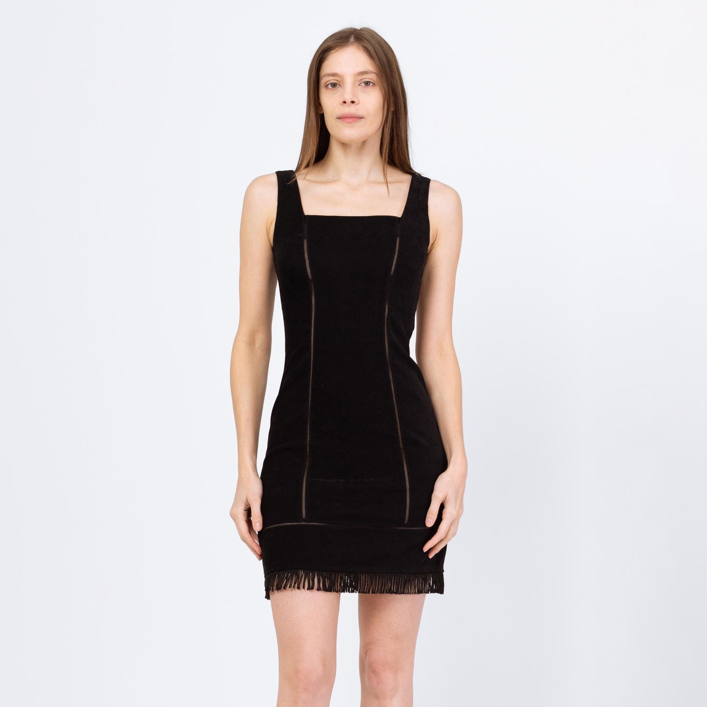 Vintage 90s Black Faux Suede Eyelet Fringe Trim Mini Dress - Extra Small | Sleeveless Ultrasuede Sheer Stripe Bodycon Cocktail Party Dress