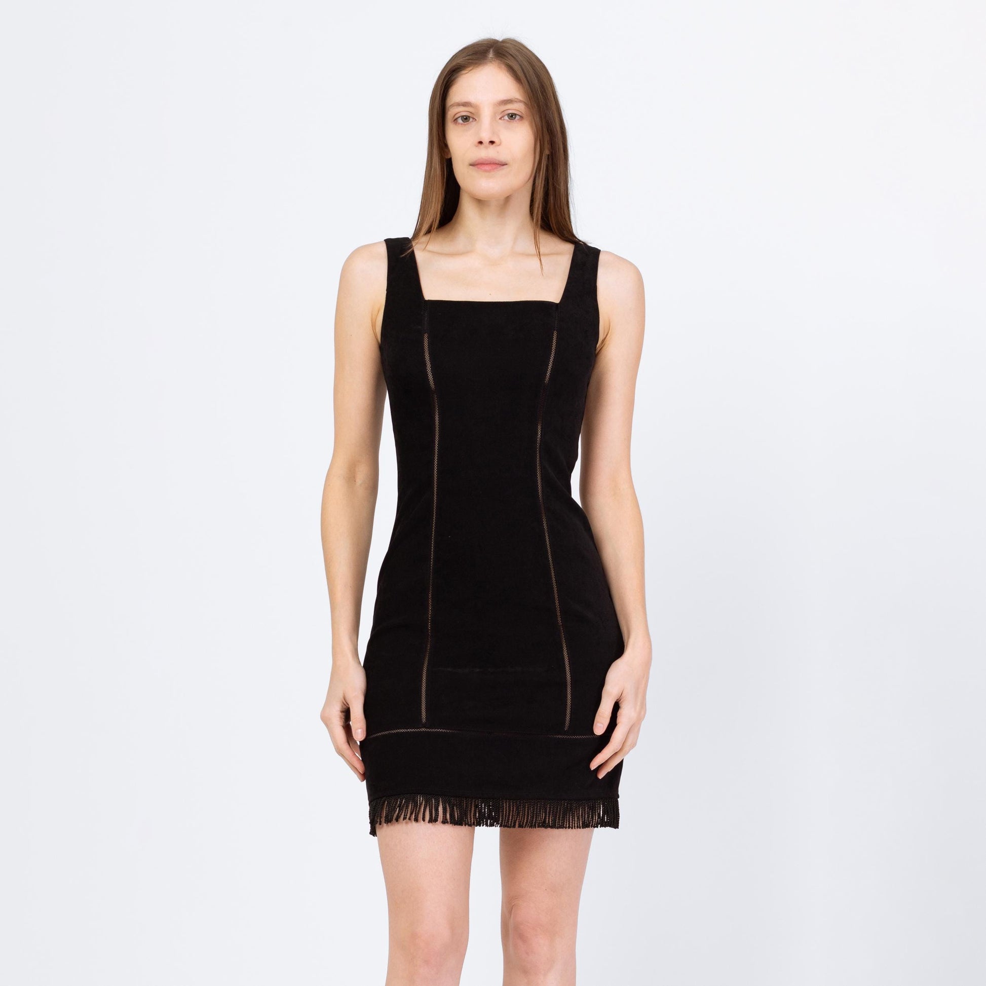 Vintage 90s Black Faux Suede Eyelet Fringe Trim Mini Dress - Extra Small | Sleeveless Ultrasuede Sheer Stripe Bodycon Cocktail Party Dress