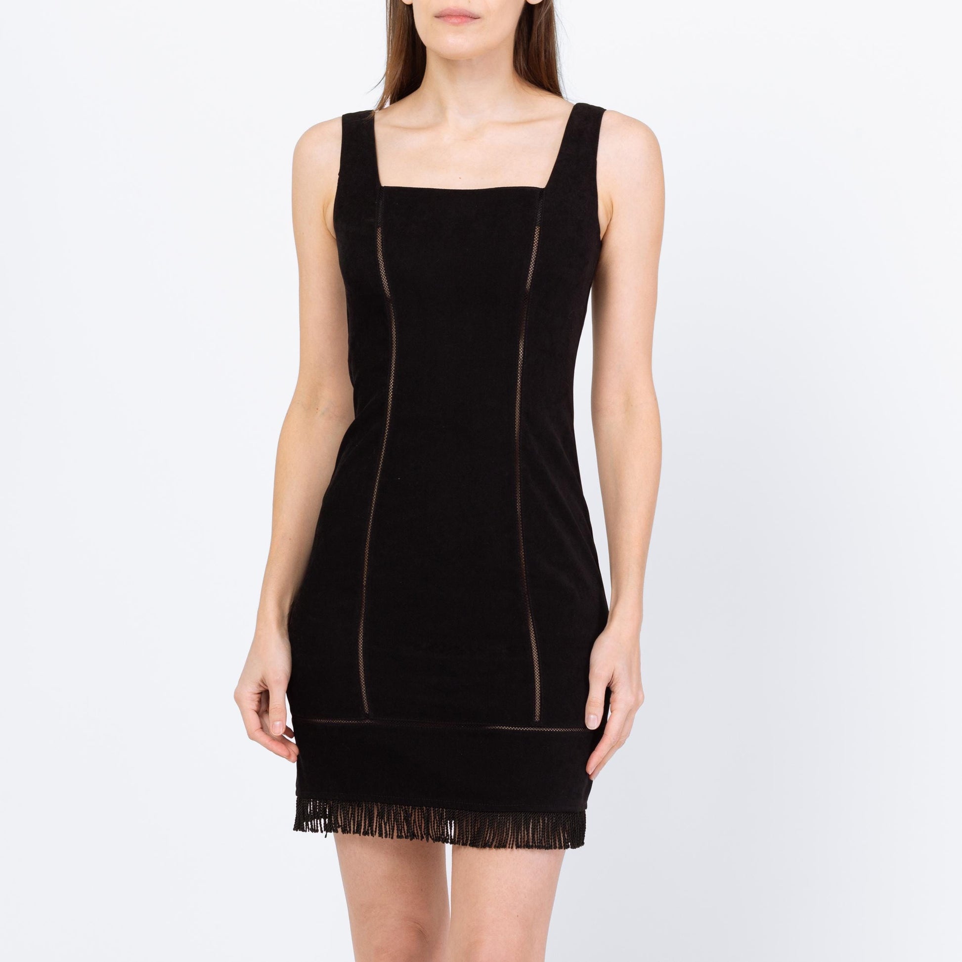 Vintage 90s Black Faux Suede Eyelet Fringe Trim Mini Dress - Extra Small | Sleeveless Ultrasuede Sheer Stripe Bodycon Cocktail Party Dress