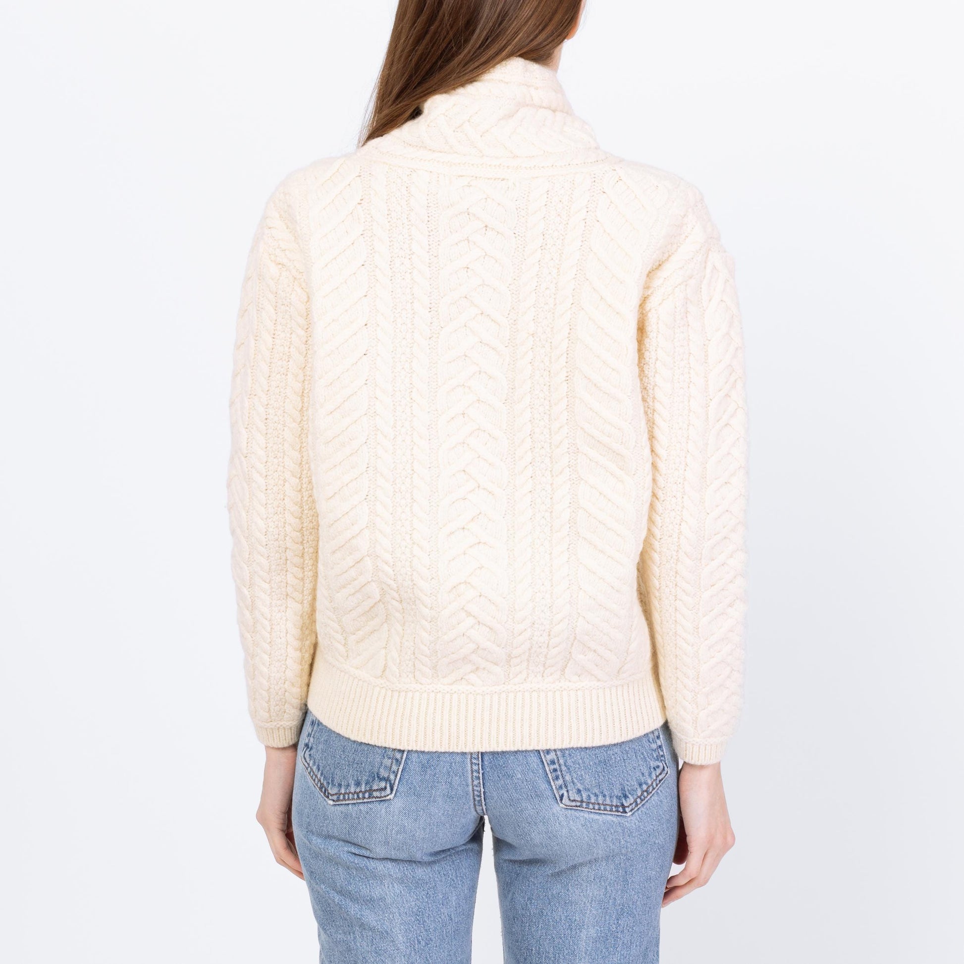Vintage 90s Irish Merino Wool Funnel Neck Sweater - Small | Cream Chunky Cable Knit Fisherman Pullover